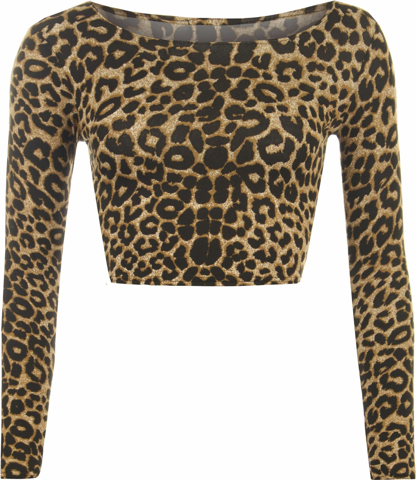 GOSTYLES® Womens Plain & Printed Long Sleeve Crop Top Shirts, Ladies Round Neck Cropped Short T-Shirt (Brown Leopard, S-M)