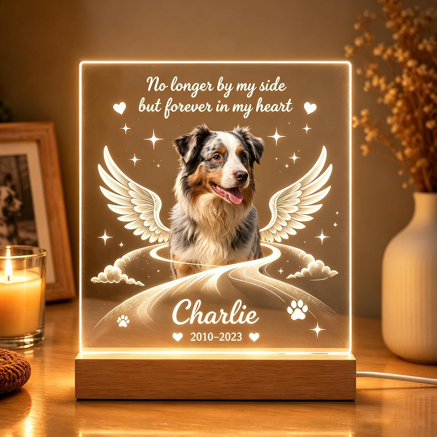Personalized Pet Memorial Gift, Custom Pet Portrait Night Light with Angel Wings, Pet Loss Sympathy Gift for Dog Cat, Rainbow Bridge Keepsake Lamp