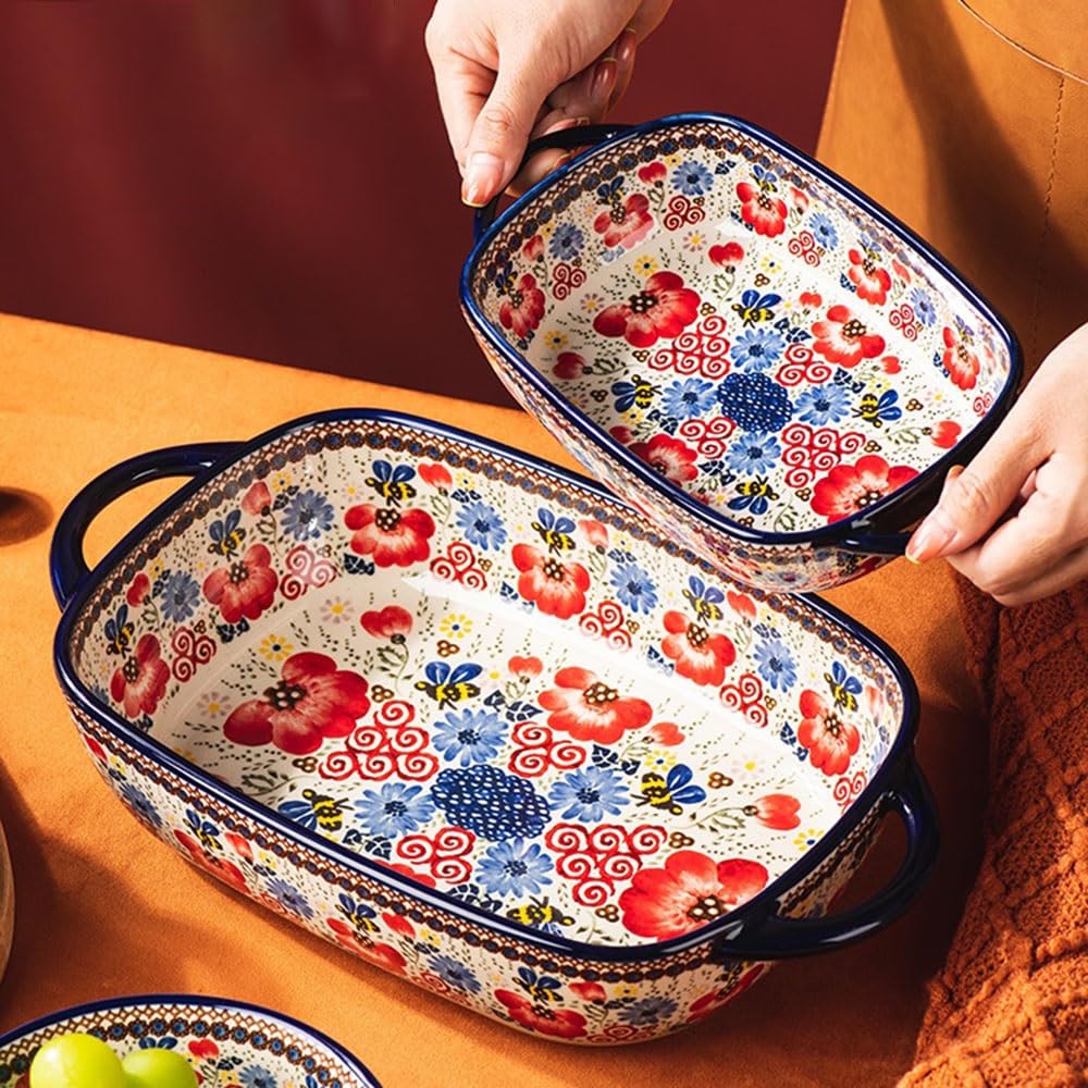 Prostokątny zestaw kolorowych naczyń kuchennych z 2 podwójnymi uchwytami ceramicznymi formami do pieczenia i głębokimi talerzami dekoracyjnymi