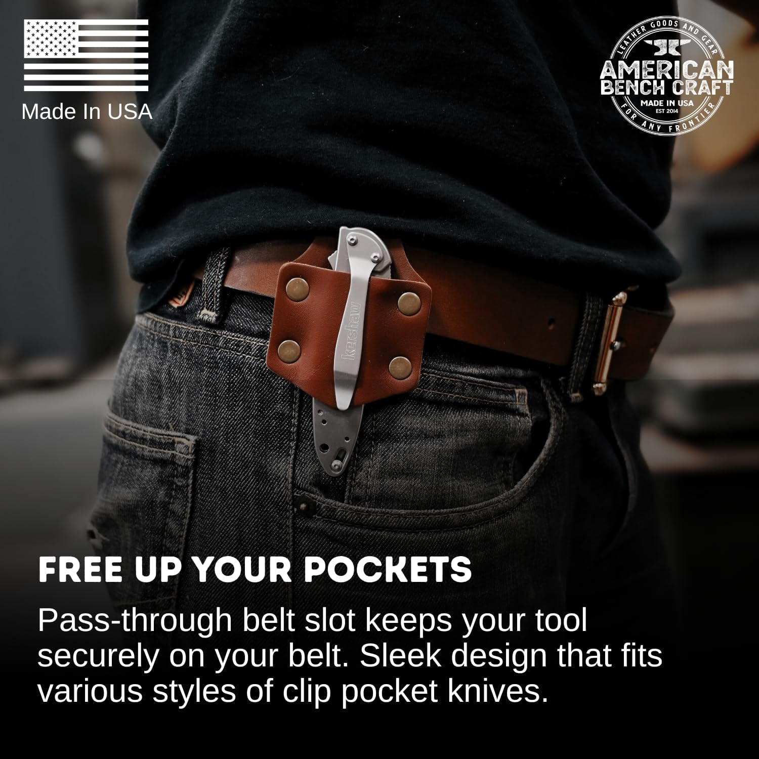 American Bench Craft Leather Pocket Knife Sheath – USA Made Fixed Belt Loop EDC Knife Holster – Knife NOT Included - Made in USA