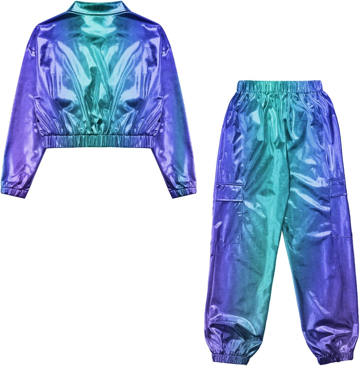 JanJean Boys Girls Shiny Metallic Jazz Hip Hop Modern Dance Outfits Long Sleeve Jacket with Pants Set 2 Pcs Tracksuit Blue 12 Years