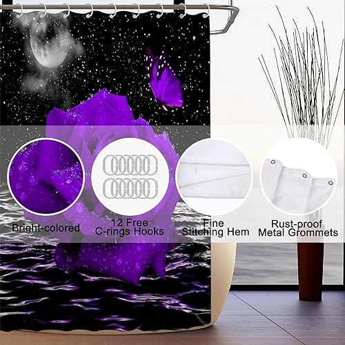 Miniatura 8 de ALEXEX Juego de 4 cortinas de ducha con rosas rojas, juego de baño de cielo negro con cortina de ducha y alfombras y accesorios, cortina de ducha