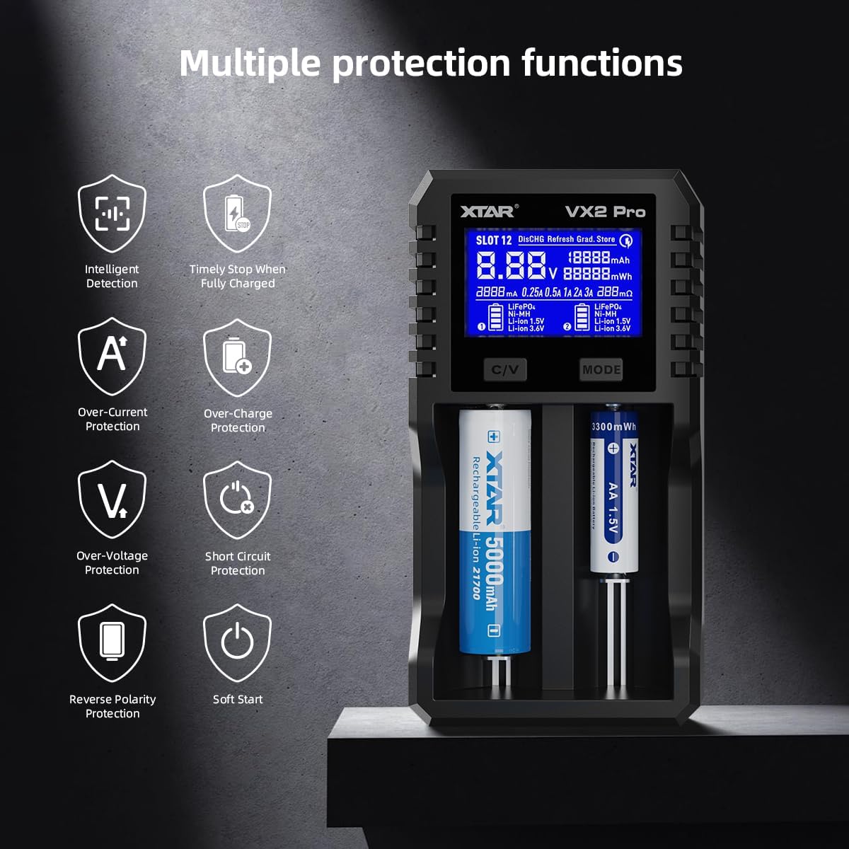 XTAR VX2 PRO Battery Analyzer Charger, Independent 2 Slot 18650 Battery Charger Tester – Dual-Mode for Simultaneous Ni-MH Refresh & 21700 Capacity Testing, No Interference