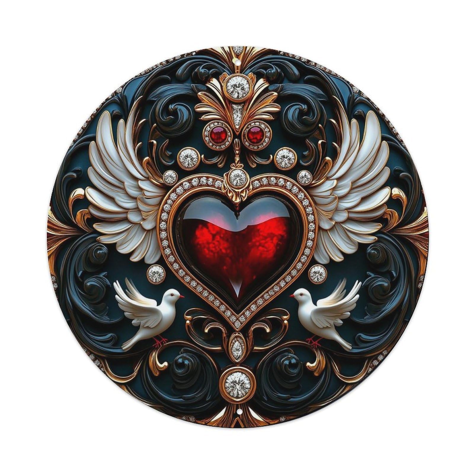 Heart Wings Doves Gems Ornate Round Tin Sign Vintage Metal Sign Home Bar Garden Indoor & Outdoor Wall Decor Retro Metal Poster 8x8 Inch