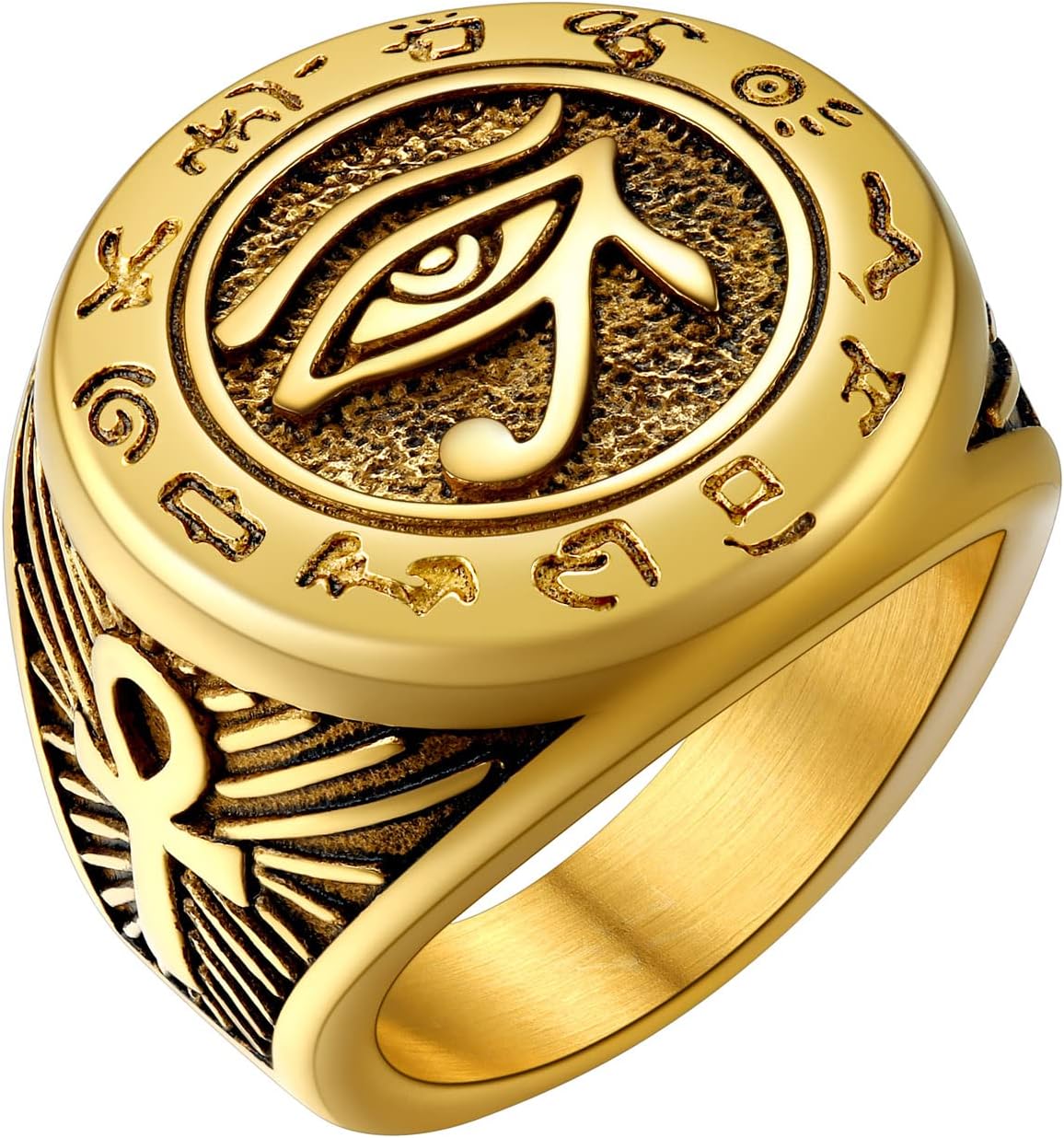 U7Jewelry Ankh Rings Ancient Egyptian Eye of Ra Horus Ring Stainless Steel/Gold Plated/Black Color Egypt Symbol Rings for Men WomenRecycled Claim Standard Blended