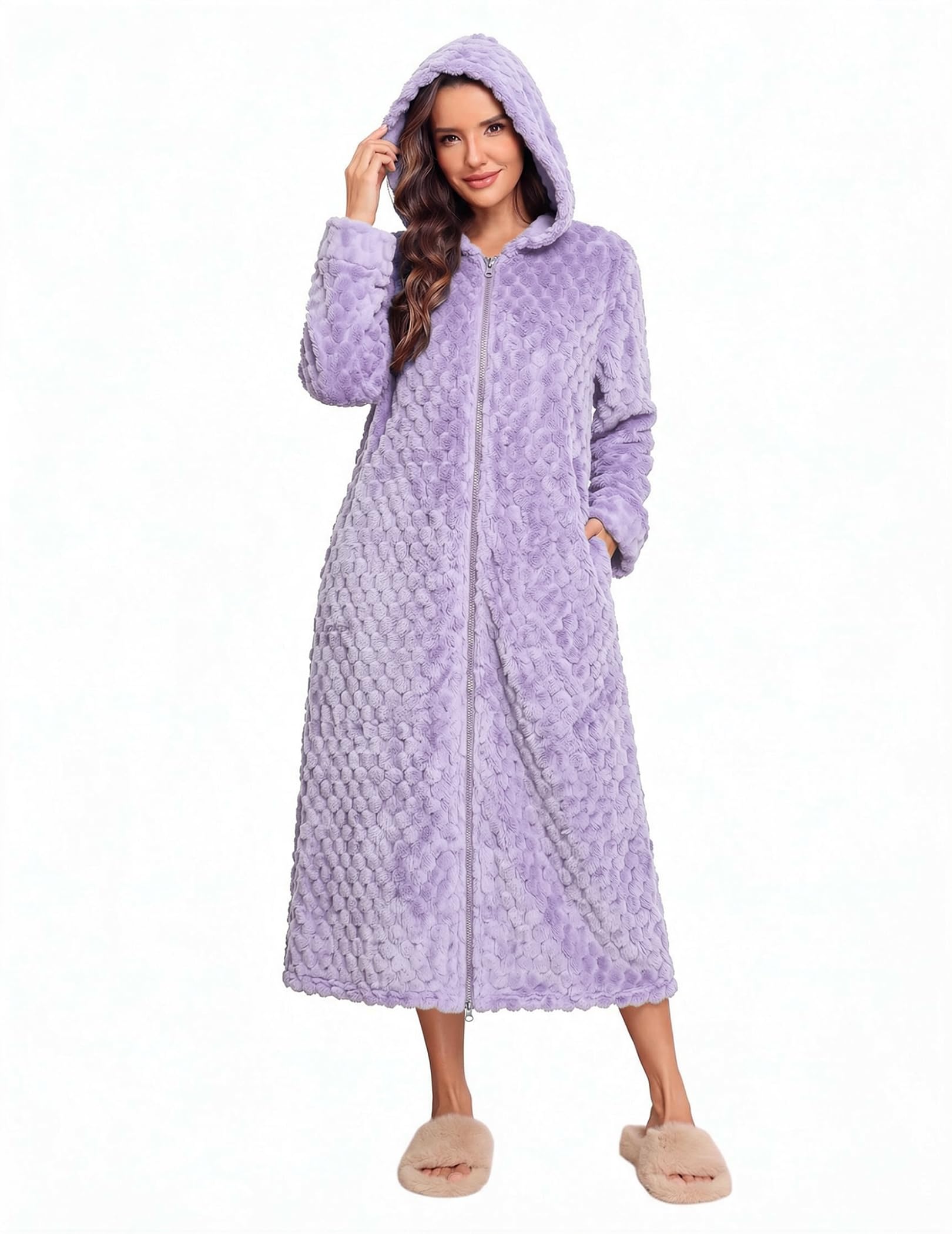 Ekouaer Fleece Robes for Women Zipper Long Bathrobe