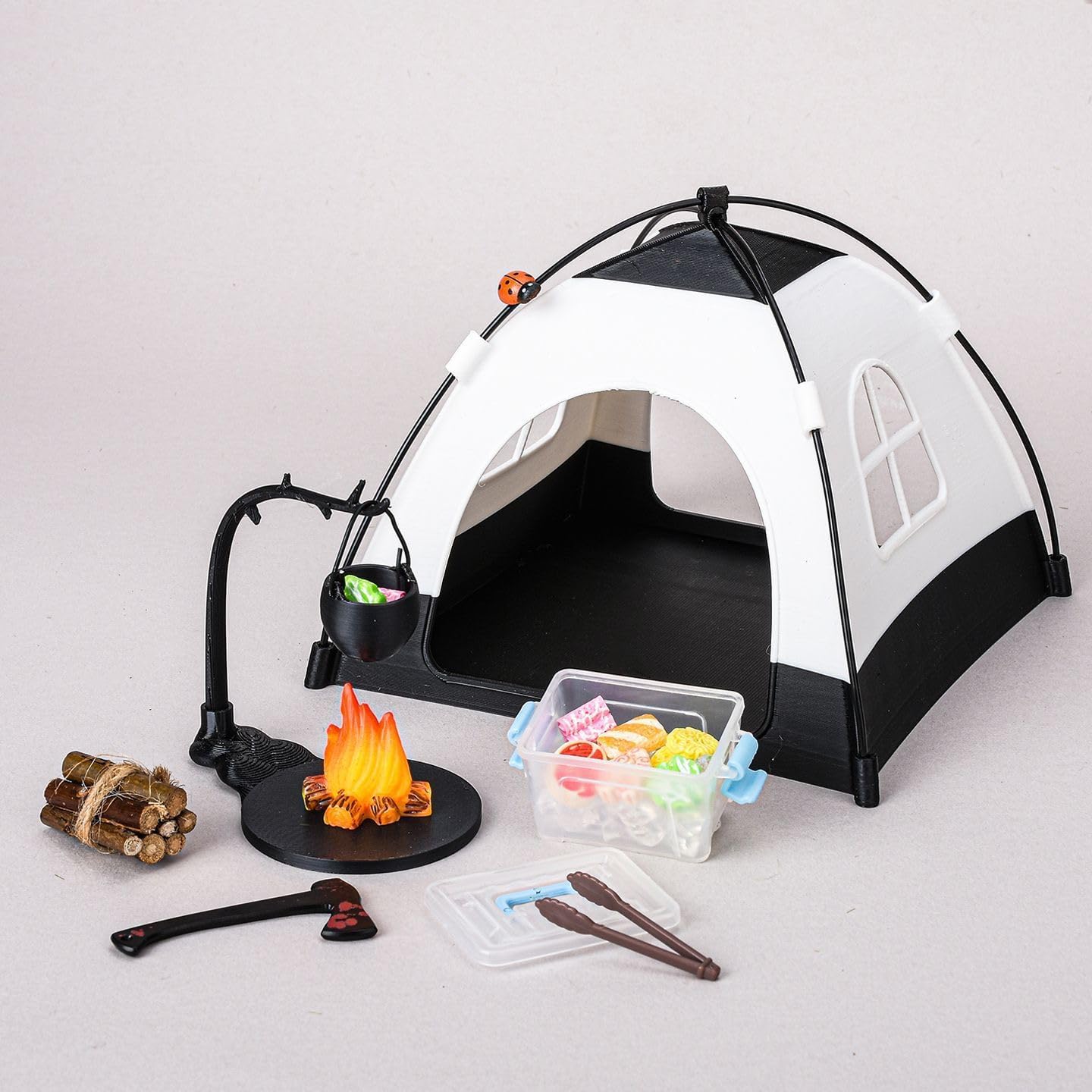 1:12 Miniature Doll Camping kit Includes Mini Fire Pit with Firewood and Tent, Diorama Prop, Model Collector's Kit Miniature Scene Layout Photography Props(Black)