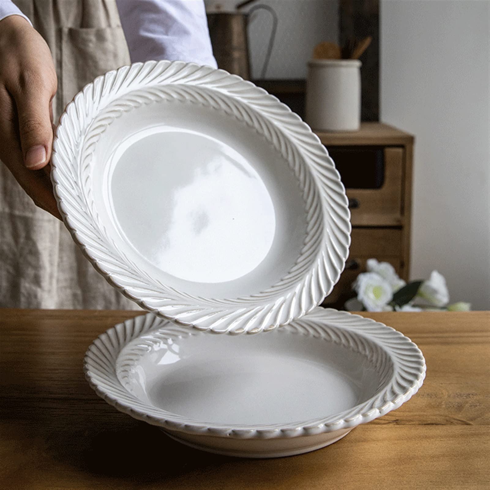 Cubiertos de cerámica Platos de Cena con Relieve Chino Plato de Cena de cerámica Redondo de 8,8" Plato de Postre de Porcelana para el hogar Apto para lavavajillas Microon