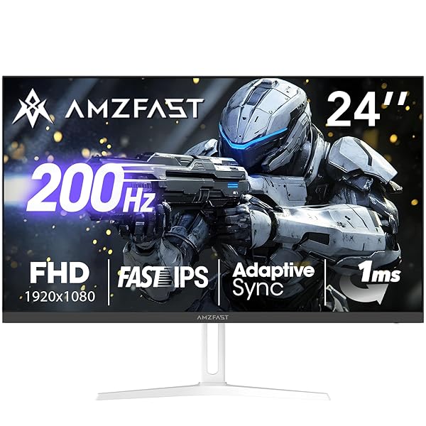 Amzfast 24 Inch Gaming Monitor 200Hz FHD 1080p Fast IPS Computer Monitor, 110% sRGB 1ms HDR Support Adaptive Sync, Eye Care VESA Mount HDMI 2.0 | Display Port 1.4 White Monitor, AMZG24X1W