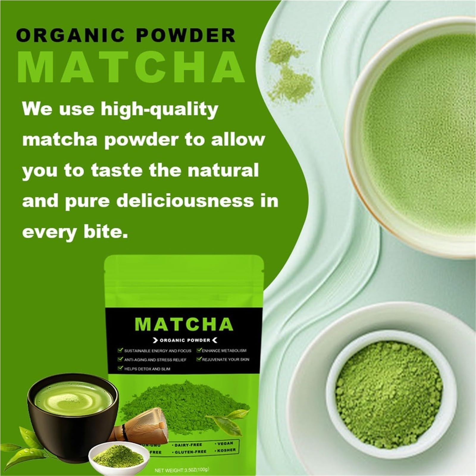 Czysty Proszek Zielonej Herbaty Matcha Premium – Naturalny, Bez Dodatków, Bez GMO, Do Napojów, Wypieków I Koktajli(3PCS)