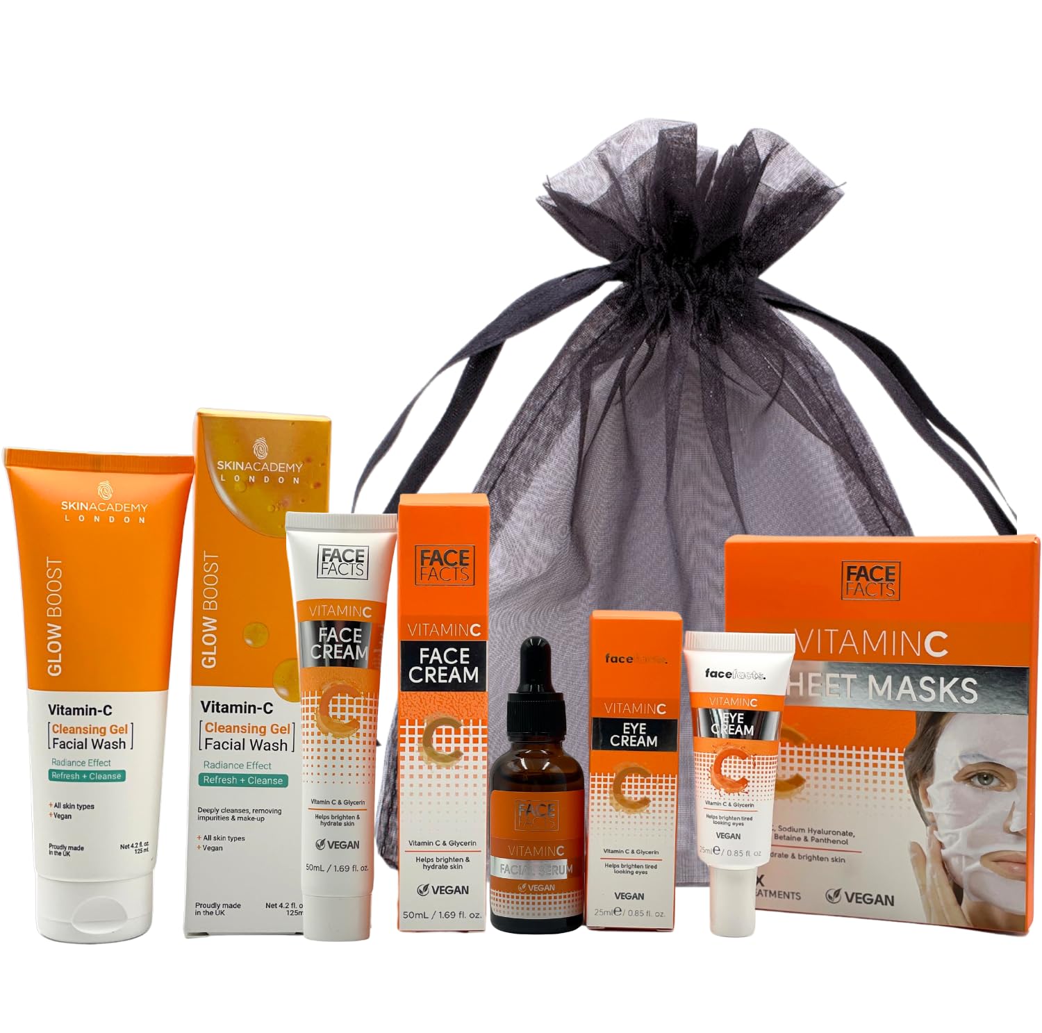 Vitamin C Skincare Set for Women - Face Cleanser, Serum, Cream, Eye Cream & Sheet Masks - Anti-Aging Face Care Gift Kit