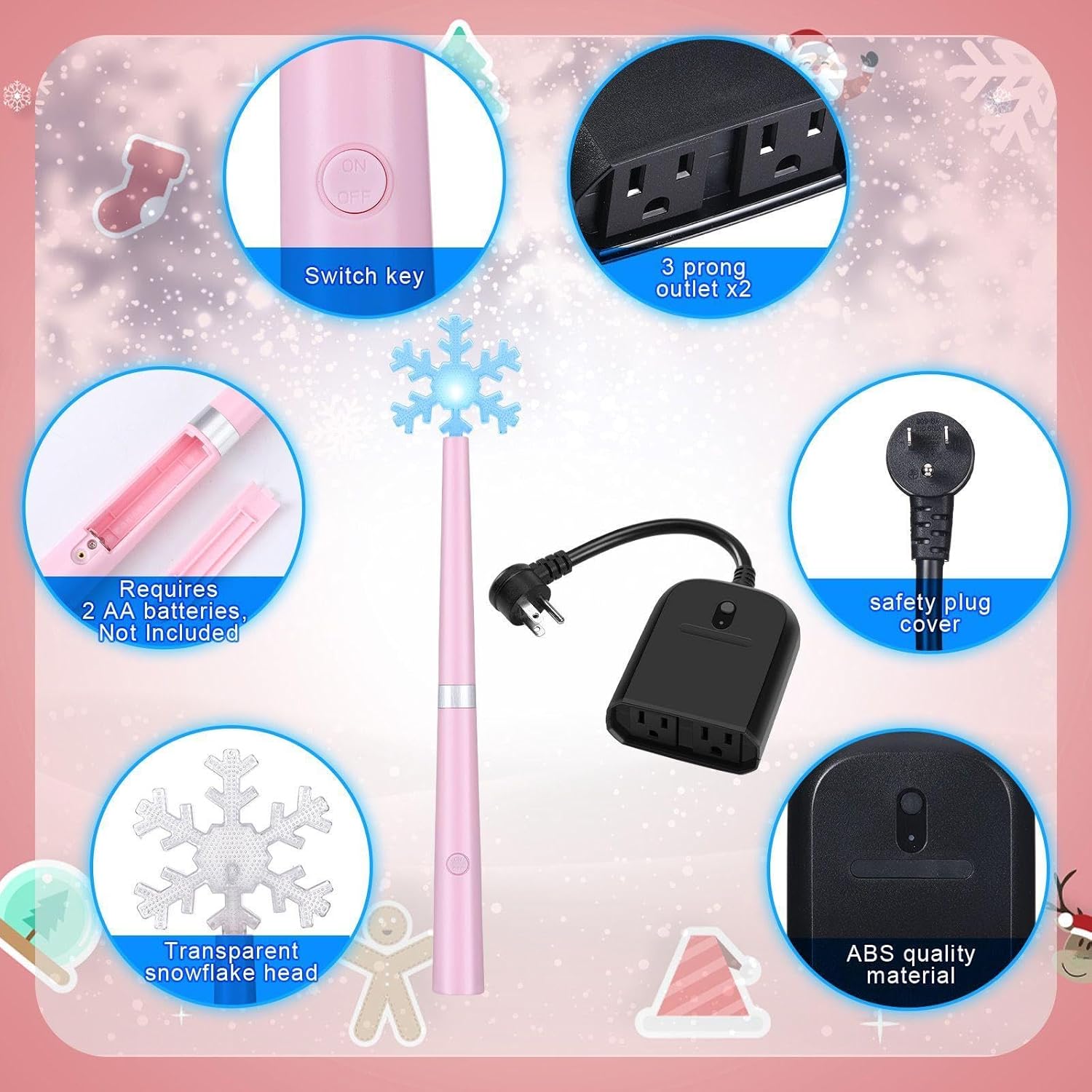 Relaxweex Magic Christmas Wand Wireless Remote Control Outlet, Christmas Tree Wand Lights Controller Xmas Decoration Outdoor Indoor Turn on Off Switch Kit with 100 Ft Range(Two 3-pin Plugs,Pink)