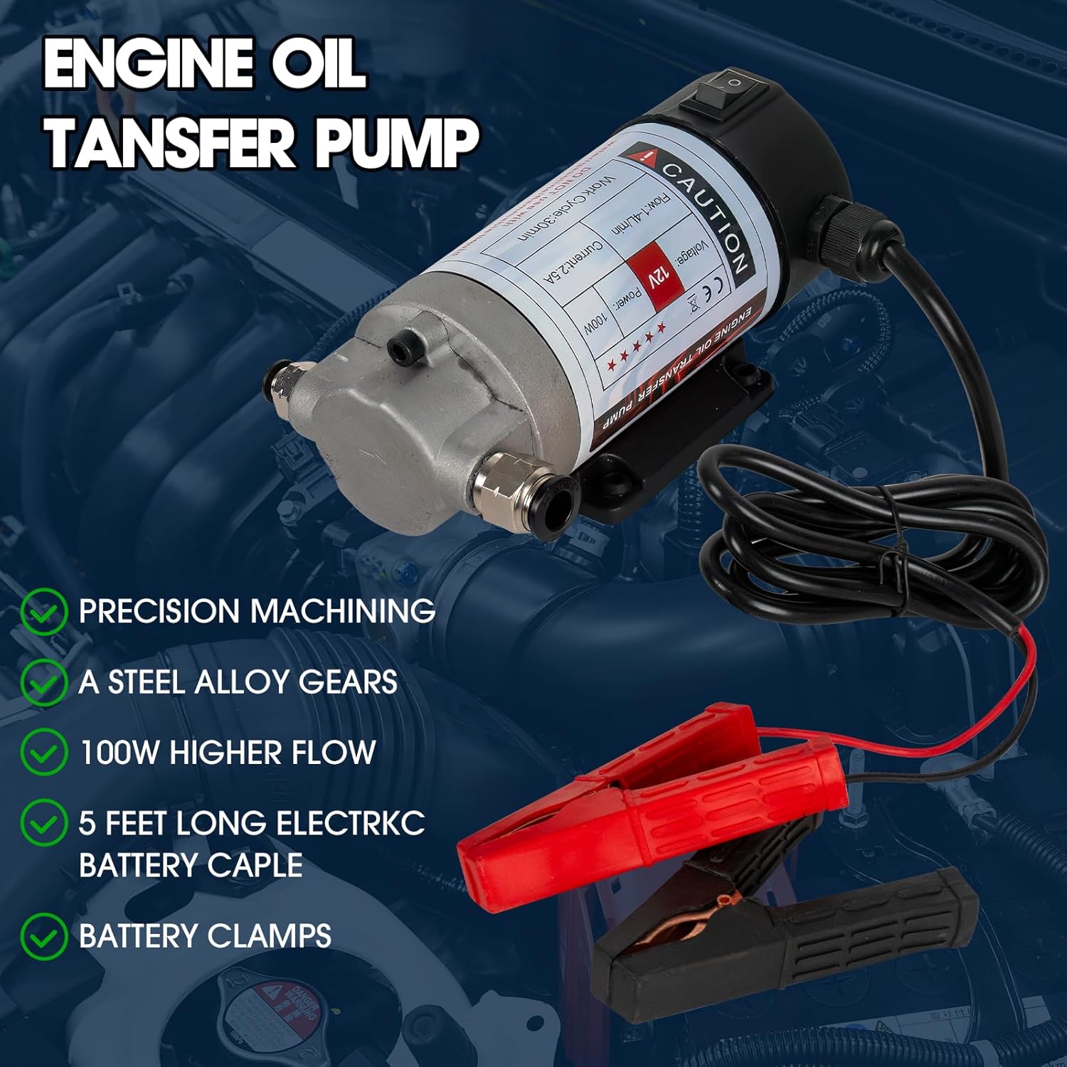 12V 100W Oil Change Pump Extractor, Upgraded Engine Oil Extraction Diesel Fluid Pump, Electric Oil Pump with Hose and Tool Case