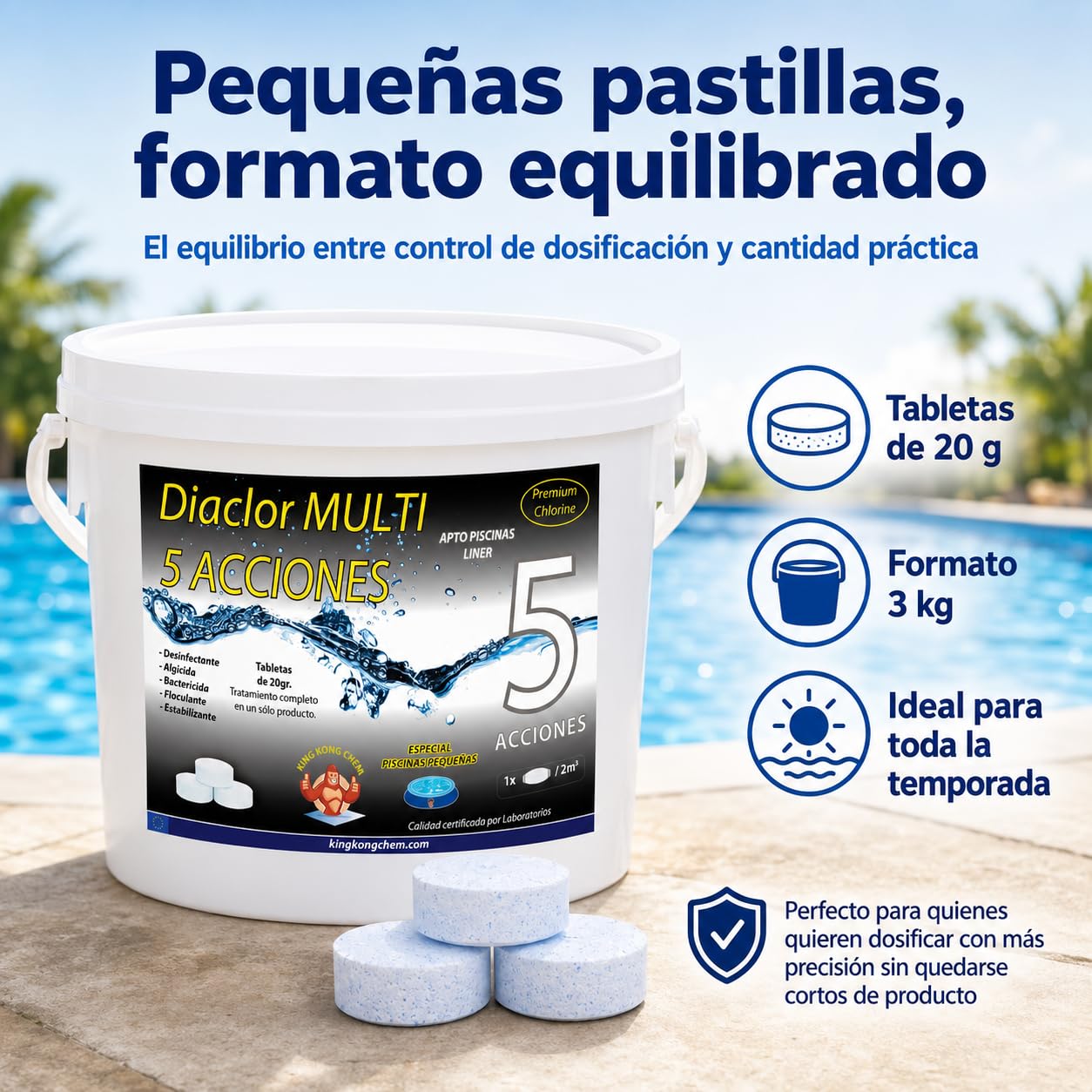 Cloro Piscinas Pequeñas DIACLOR Multi 5 ACCIONES 3 KG - Pastillas de Cloro Lento (20 gr- 3 cm Diámetro) - Tratamiento Completo Multiacción - SIN Cobre -
