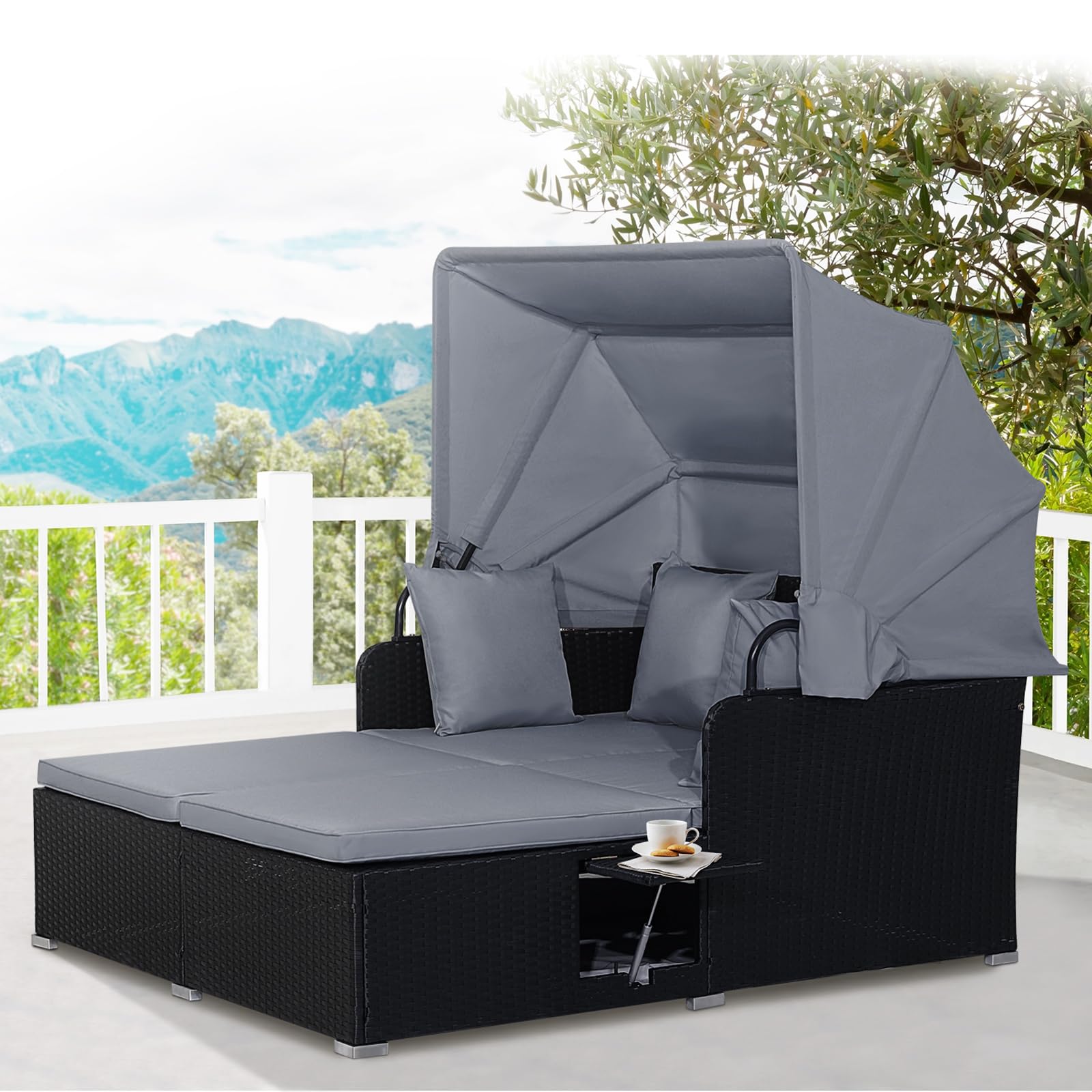 LIFEZEAL Salotto da Giardino Esterno, in Rattan PE, Divanetto per 2 Persone, Trasformabile in Letto Matrimoniale, con Ombreggiatura del tettuccio, Tavolino da Caffè e 4 Cuscini, 165x153x138cm (grigio)