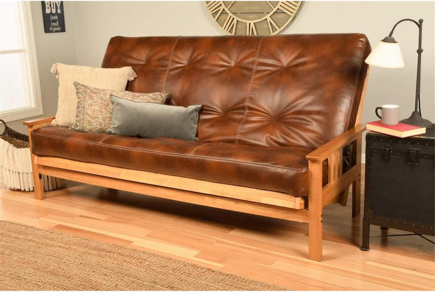 Maykoosh Rustic Retreat Futon Frame Queen-Butternut Finish-Oregon Trail Saddle Mattress