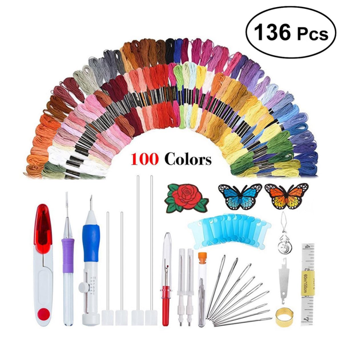 HYTROVE Kit de Bordado Incluye Hilos y Agujas Pequeñas, Medianas y Grandes de 136 Piezas con Aguja Perforadora para Principiantes Adecuado para Manualidades y Bordado