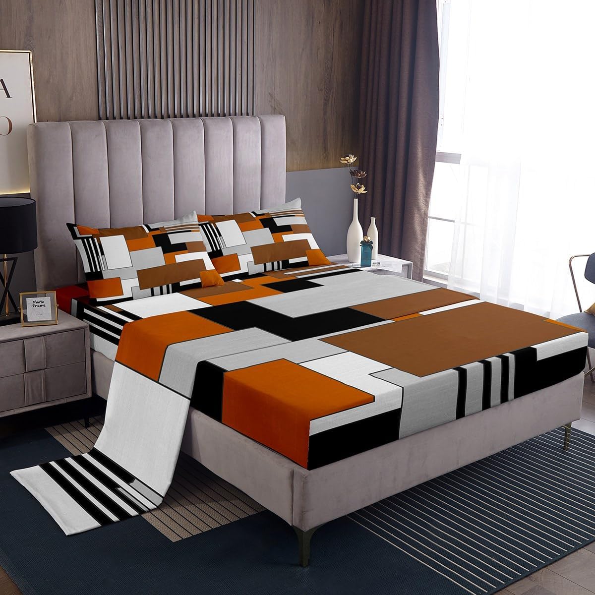 jejeloiu Orange Gray Black Geometric Sheet Set King Size Kids Sheets with Deep Pocket Fitted Sheet for Boys Girls Teens Modern Abstract Bed Sheets Set Breathable Square Rectangle Bedding Set