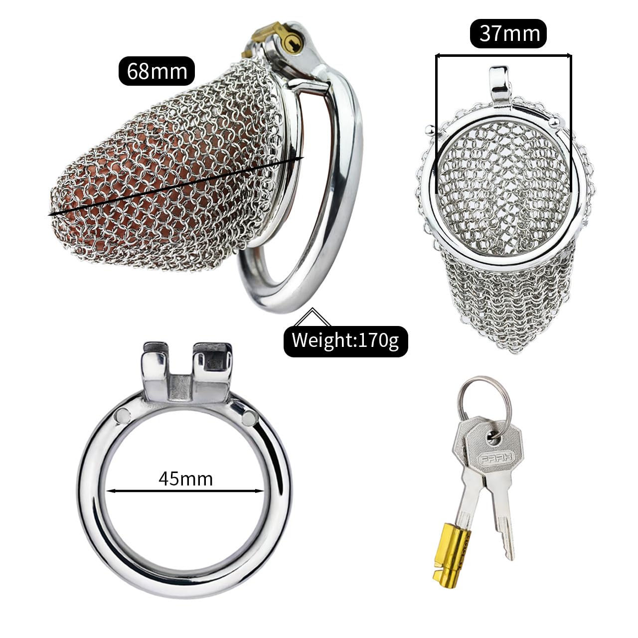 AAKOMA Cage de chasteté ventilée en acier inoxydable avec chaîne en filet, dispositif de chasteté, facile à porter, jouets sexuels d'exercice pour pénis SM masculin adulte - Anneau circulaire 45 mm