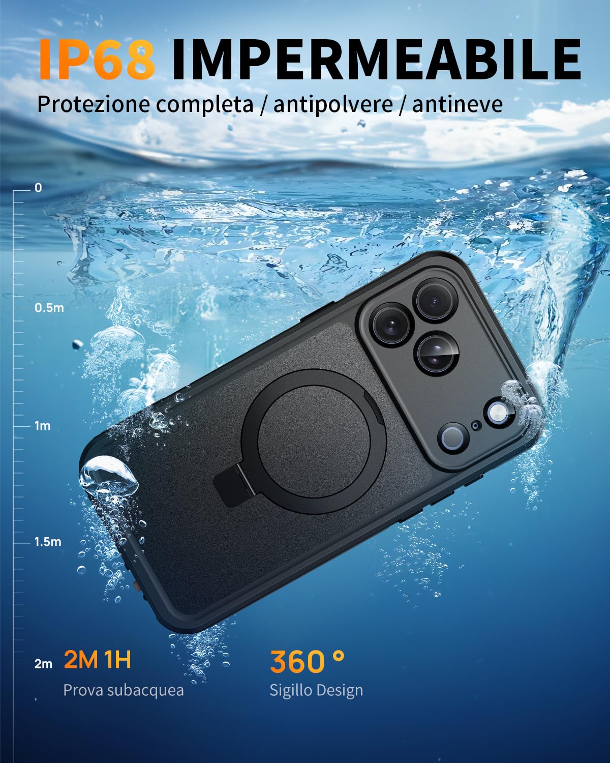 Cover per iPhone 17 Pro Impermeabile con Supporto Magnetico, 360° Completa Protezione, IP68 Waterproof Case con Magsafe, Subacquea Antipolvere Antiurto Custodia per iPhone 17 Pro, Nero