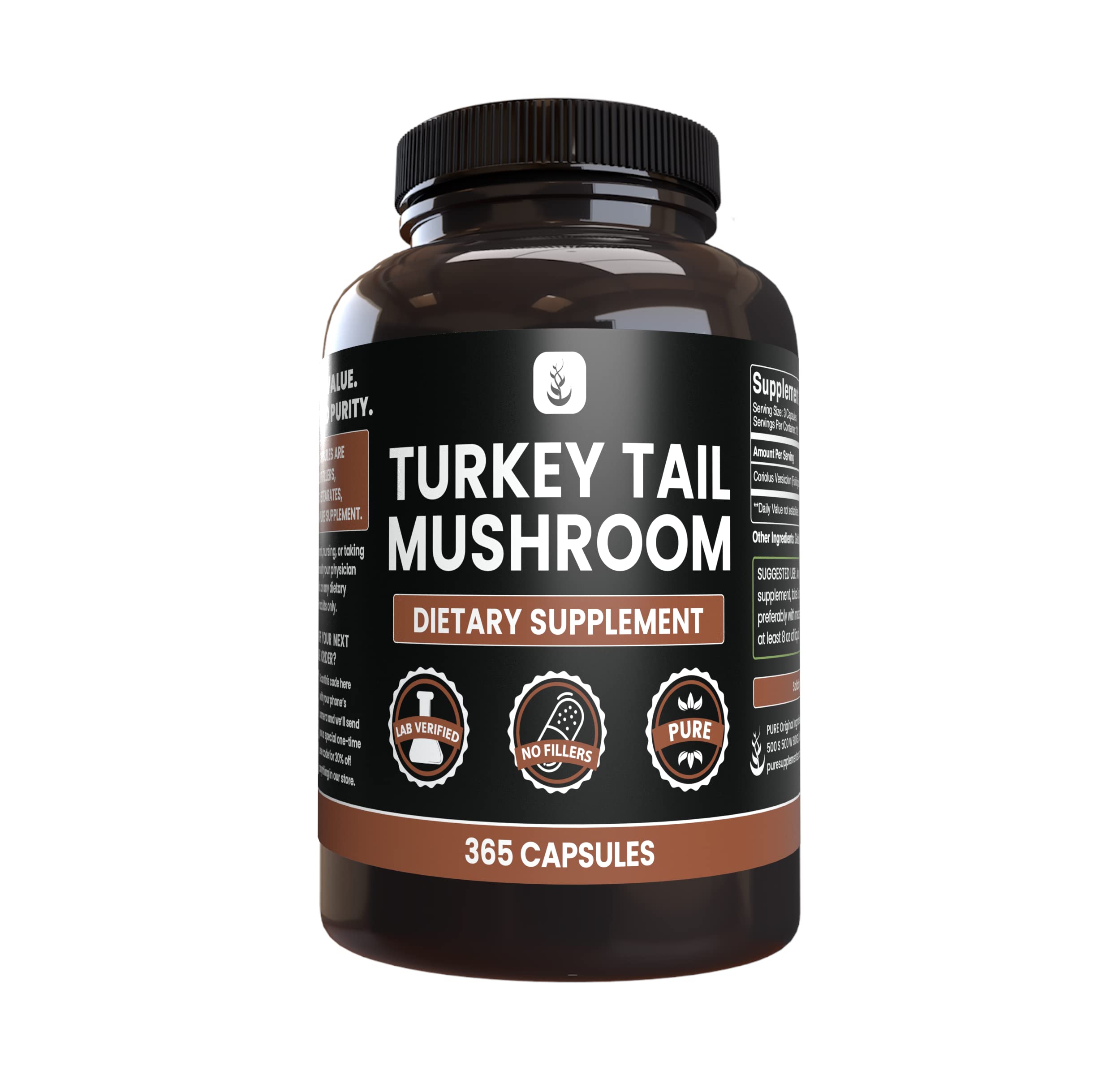 PURE ORIGINAL INGREDIENTSTurkey Tail Mushroom, (365 Capsules) No Magnesium Or Rice Fillers, Always Pure, Lab Verified
