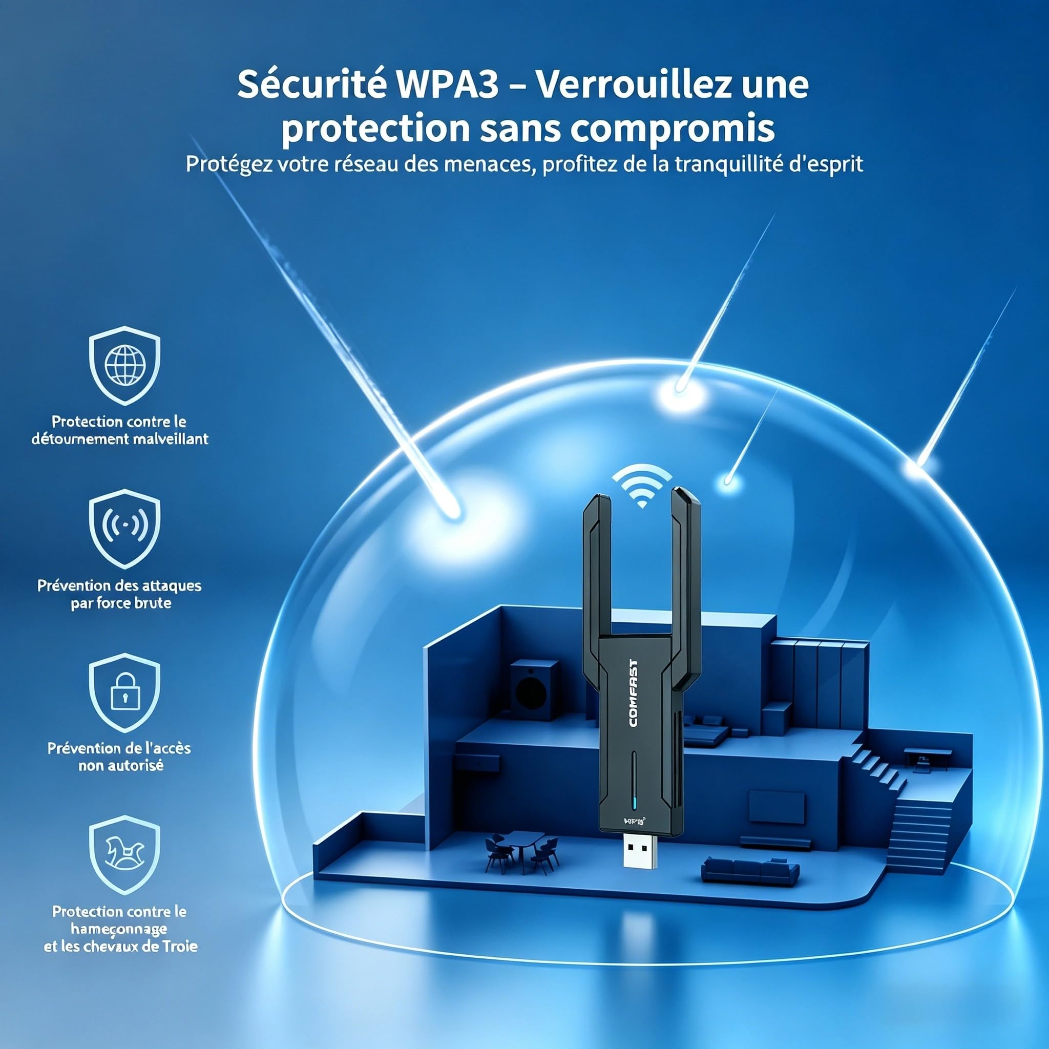 COMFAST Clé WiFi 6E AX5400 Tri-Bande 6GHz 5GHz 2,4GHz USB Adaptateur WiFi Windows 11/10 WPA3 MU-MIMO