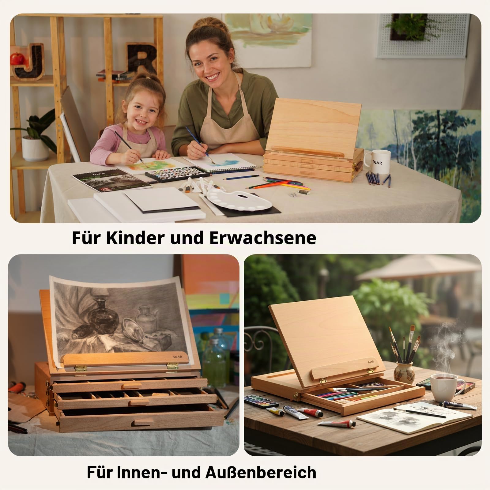 DJAR Tischstaffelei Holz mit 3 Schublade, Tisch-Skizzenbox aus Buchenholz, tragbare Künstler-Staffelei Tisch mit Aufbewahrungsbox für Erwachsene, Studenten, Teenager | Stabile Schreibtisch-Skizzenbox aus Buchenholz, für Erwachsene, Künstler und Studenten