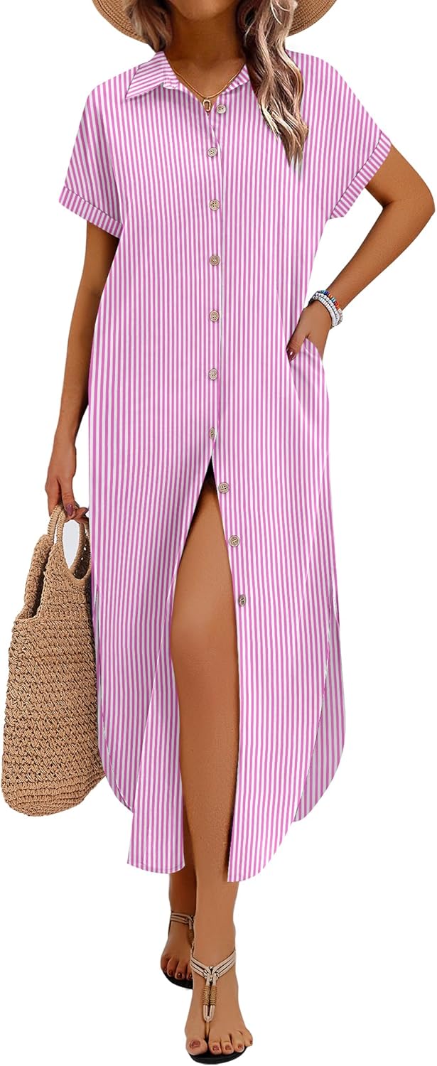 Zeagoo Womens Dresses Casual Summer Short Sleeve Button Down Long Shirt Dresses Swimsuit Beach Cover Ups with Pockets