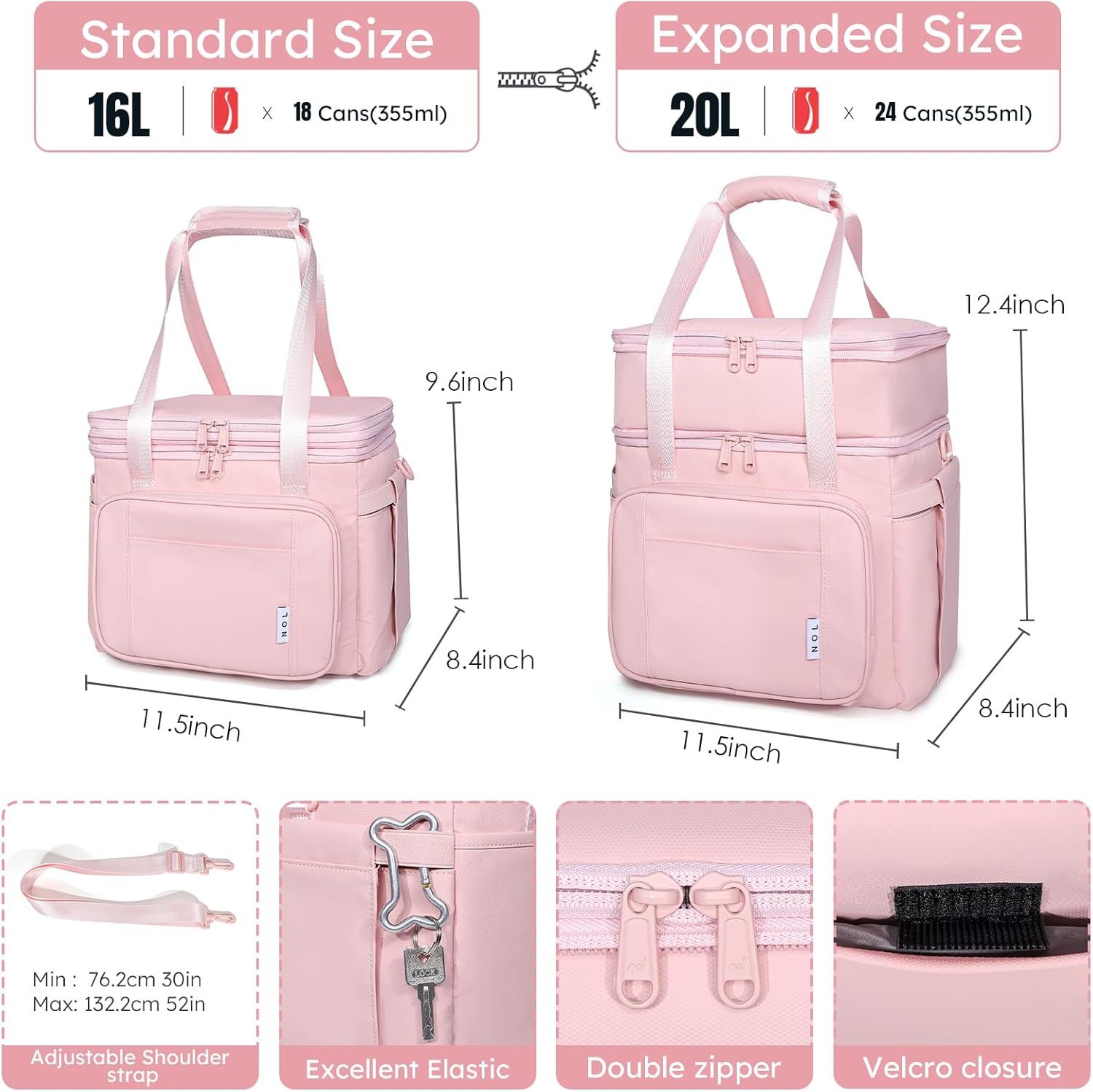NOL Natural Organic Lifestyle Insulated Lunch Bag for Women/Men, Large Double-layer Expandable Leakproof Lunch Cooler Bag, Lunch Tote Bag With Side Tissue Pocket for Office Travel Picnic (Pink)