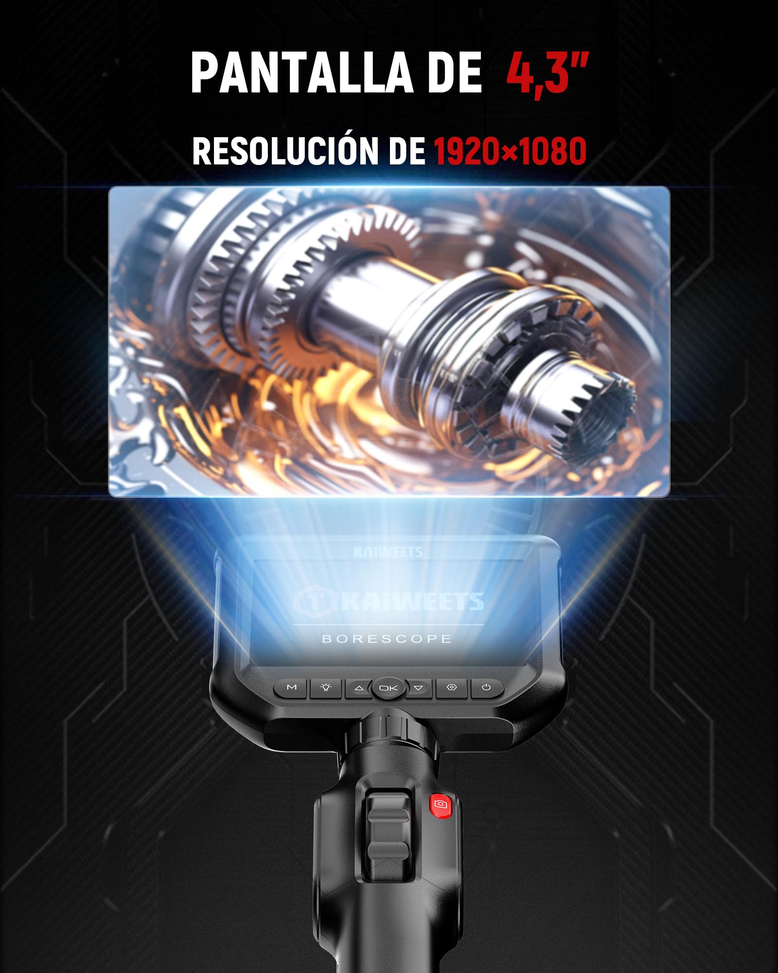 KAIWEETS Endoscopio Cámara de Inspección, IPS HD 1080P Cámara Endoscópica con Control de Rueda, Rotación Bidireccional 210°, 1,5M IP67 Impermeable para Inspección de Automóviles y Motores