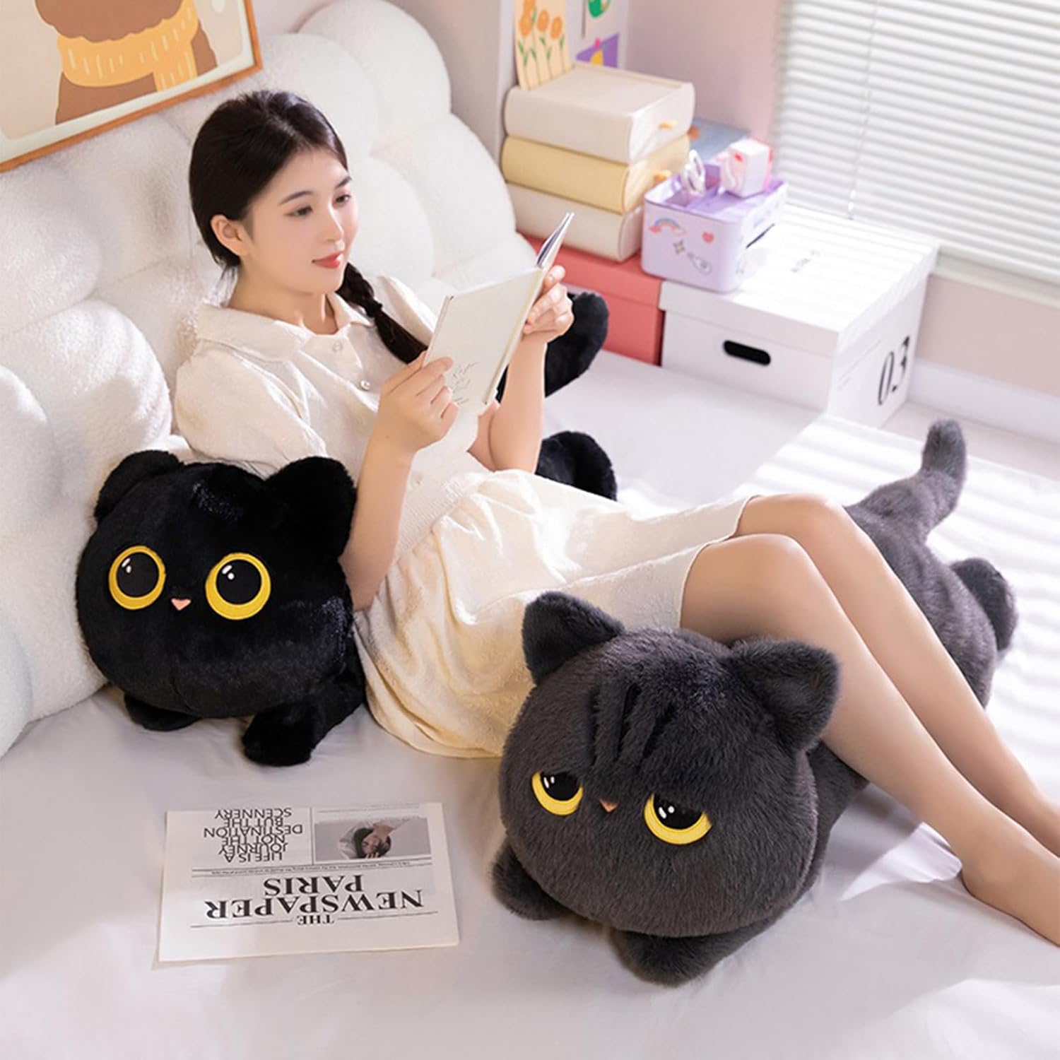 PEACH CAT 27.5" Long Cat Plush Pillow Cute Kitten Stuffed Animals Plushies Toy Gifts for Kids Grey