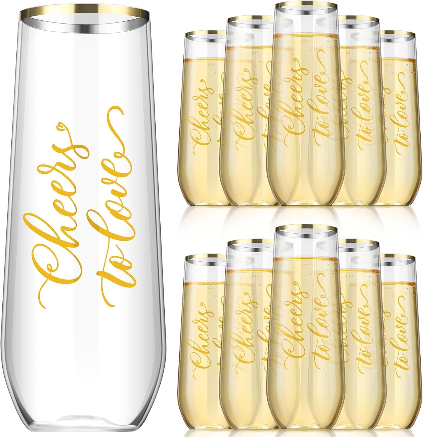 Ziliny 24 Pcs Wedding Plastic Champagne Flutes 9 oz Cheers to Love Stemless Champagne Glasses Gold Rim Wedding Cups Toasting Flutes Cocktail Cups Bridal Shower Party Bar Birthday Gifts