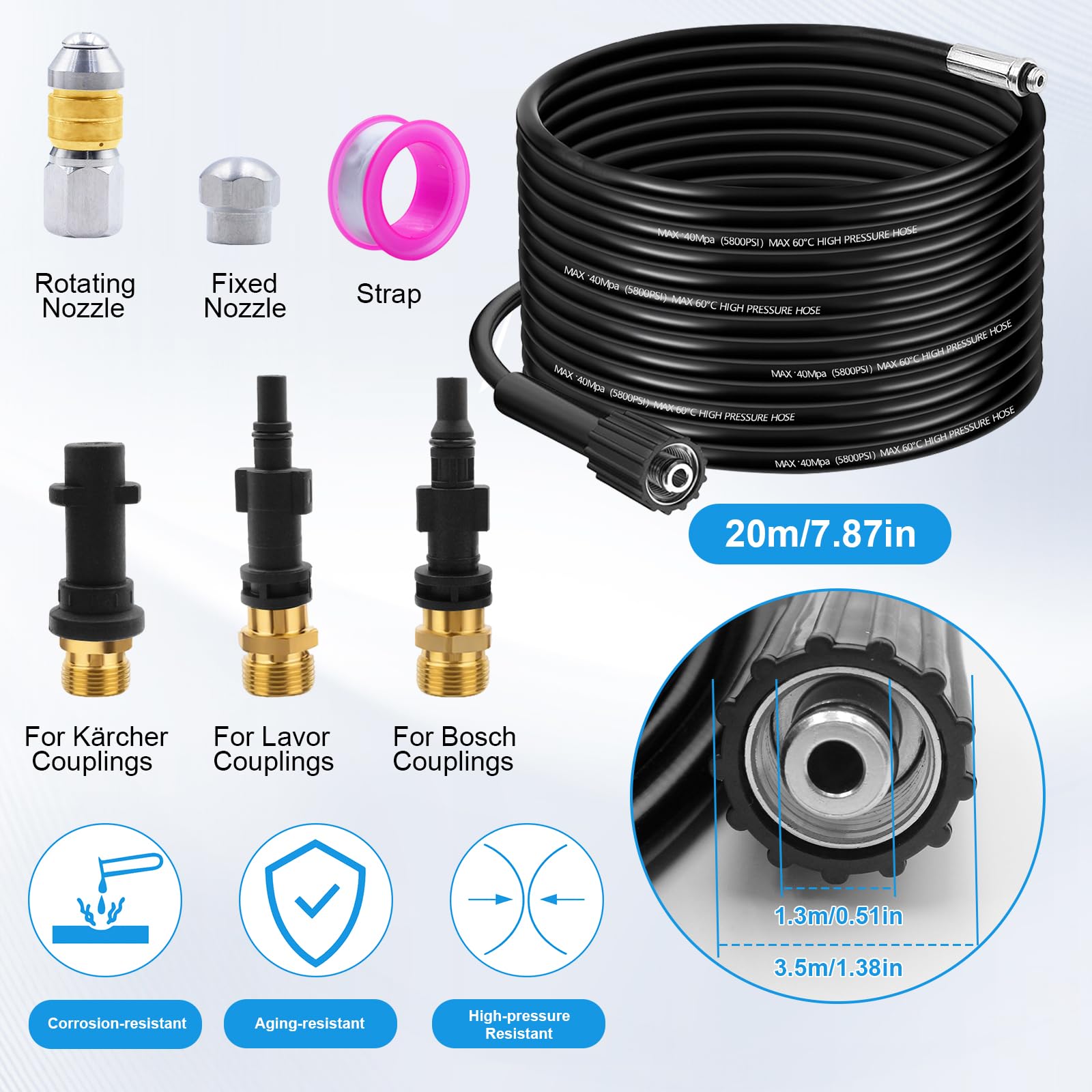 20M Rohrreinigungsschlauch Set für Kärcher K2 K3 K4 K5 K6 K7 Rohrreinigungsdüse Hochdruckschlauch für Kärcher 180Bar Rohrreinigungsset, Adapter Hochdruckreiniger für Lavor für Parkside für Bosch