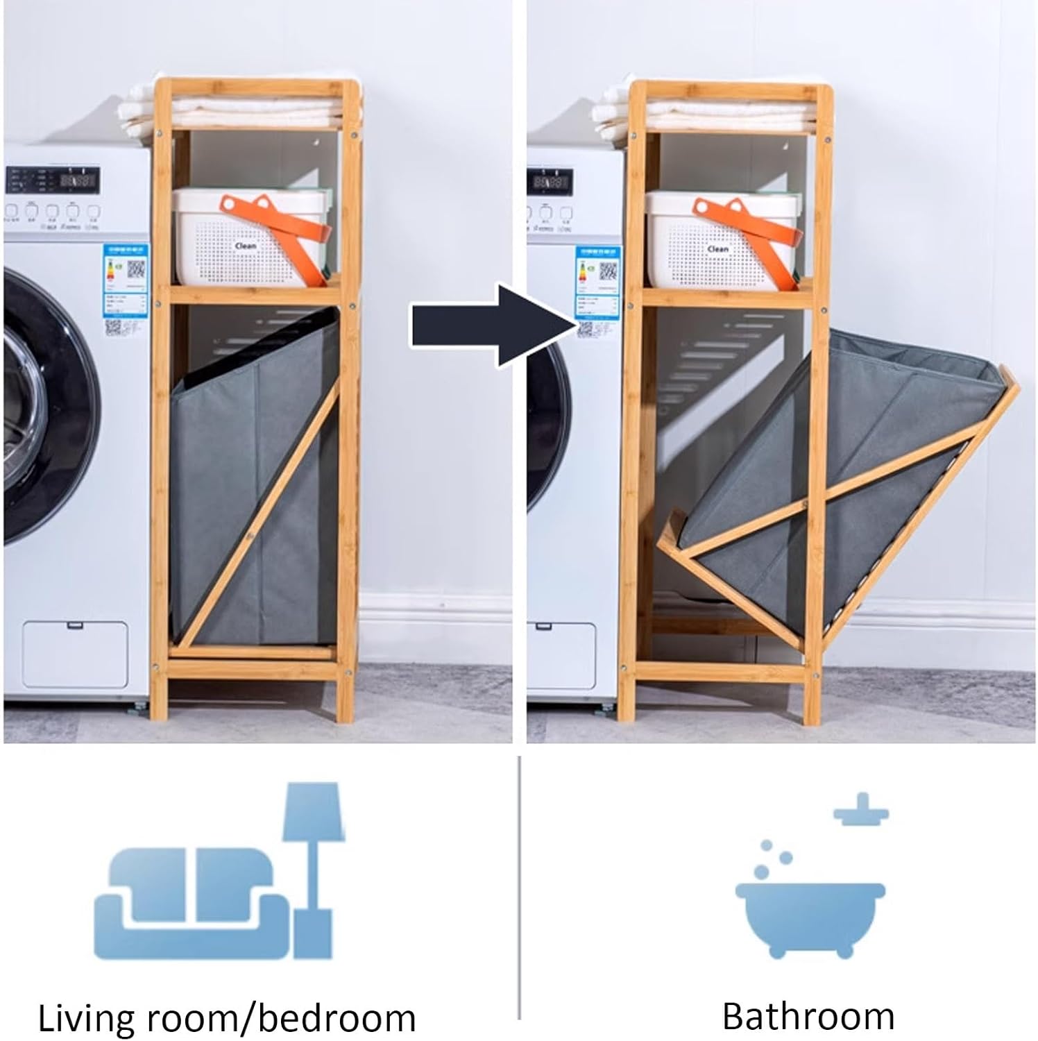 3-Tier Laundry Basket Organizer Bamboo Hamper with Removable Bags 15.7x11.8x37.4in Tilt Out Laundry Hamper with Shelf Laundrysorter Basket Organizer for Bathroom(White)