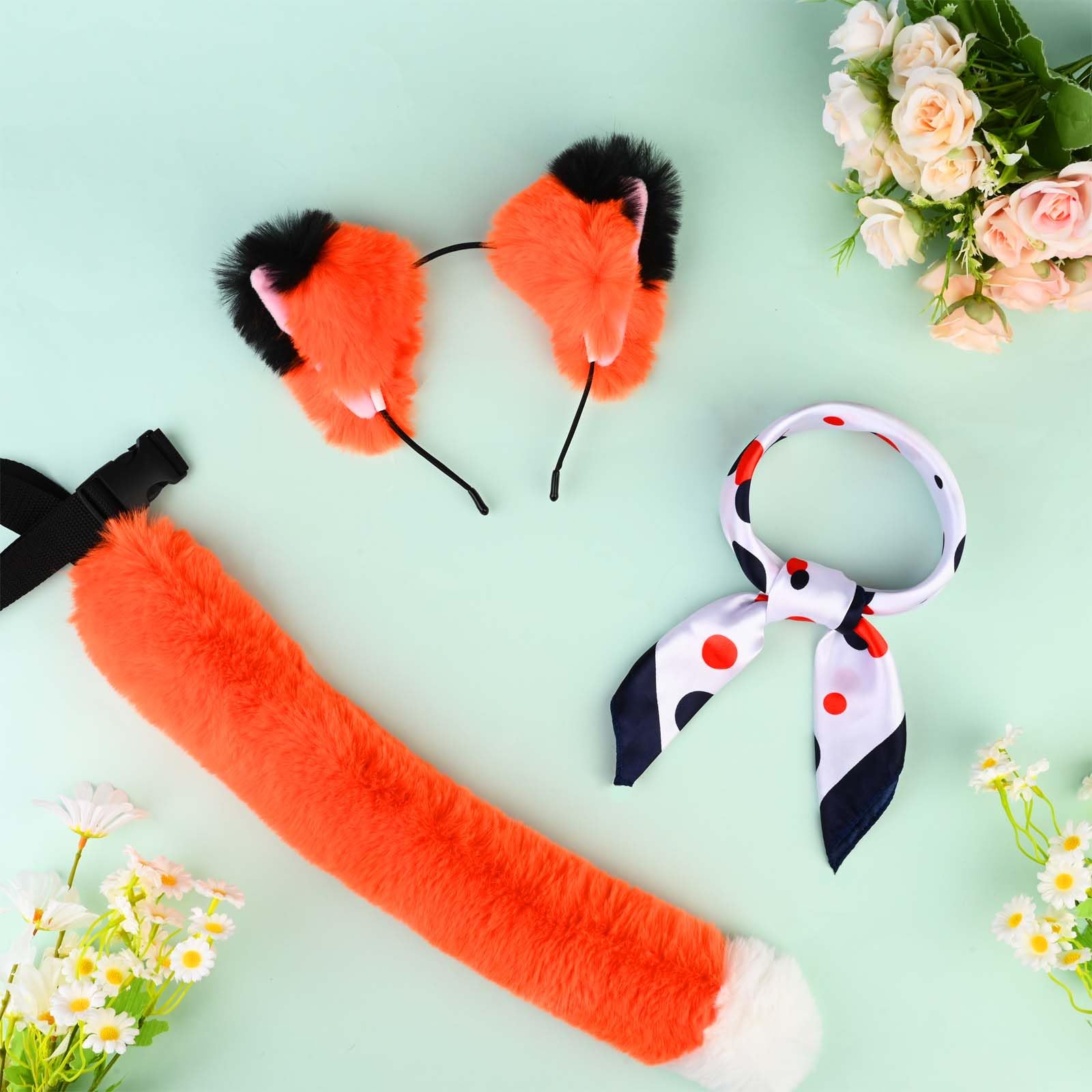 Kavoc 3 Pcs Fox Role Play Costume Accessories Set Include Fox Ears Headband Tail Blue Polka Dots Square Scarf for Kids Adults World Book Day Fancy Dress Up - Image 2