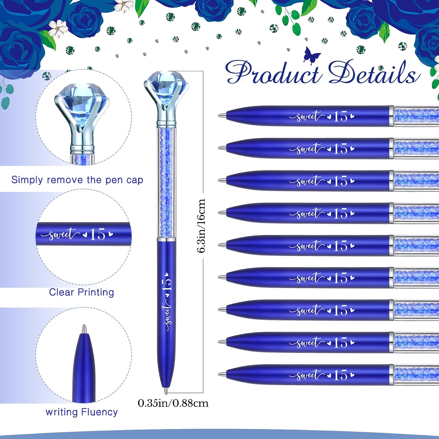 Sayglossy 120 Pcs Quinceanera Party Favors Sweet 15th Thank You Gifts Diamond Pens with Cards Bookmarks Retractable Ballpoint Bling Pens Recuerdos Para 15 Anos Quinceaneras Gifts for Guests(Navy Blue)