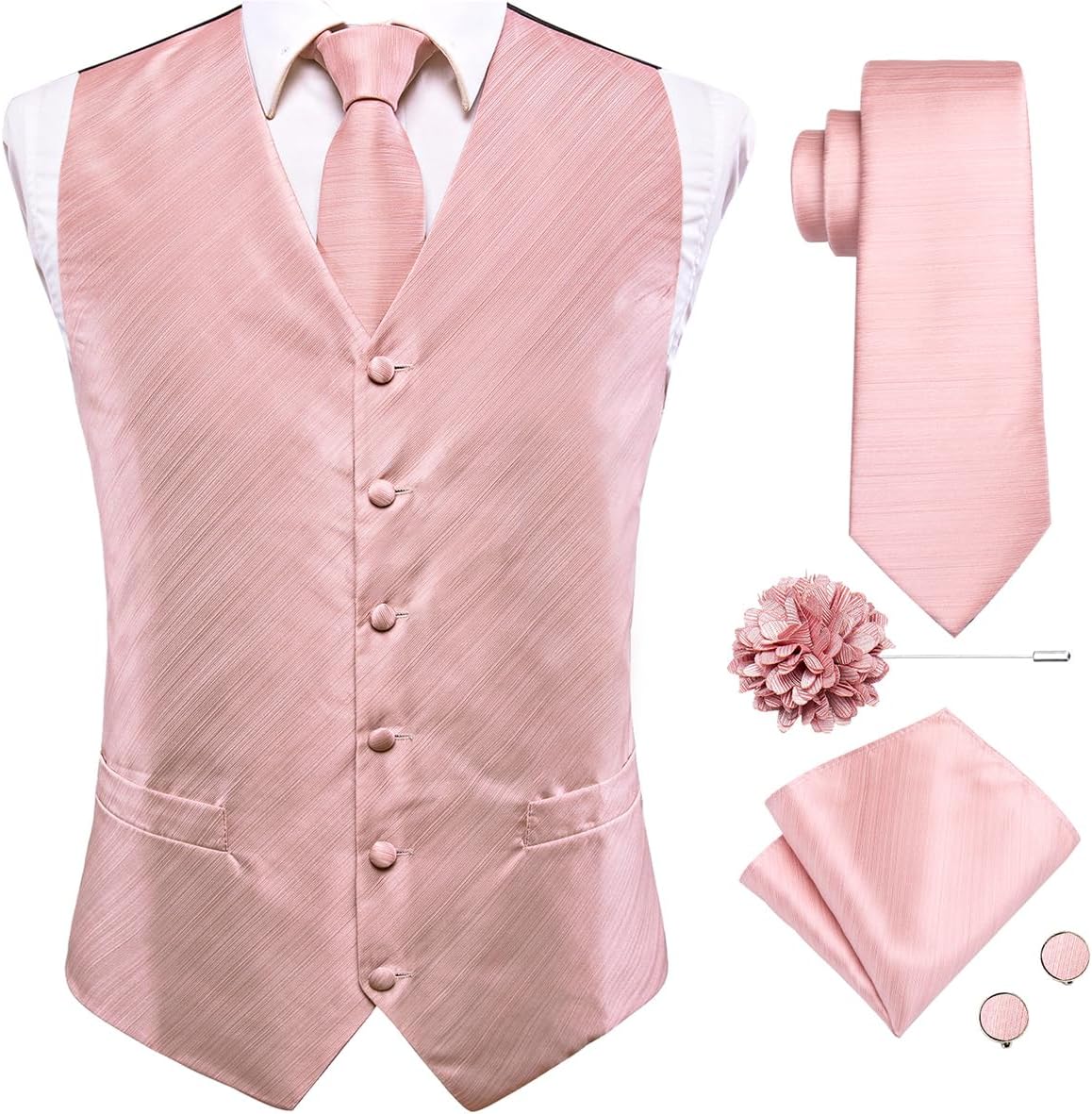 Hi-Tie Mens Silk Suit Vest Jacquard 5PCS Necktie Pocket Square Cufflinks Lapel Pin Formal Wedding Tuxedo