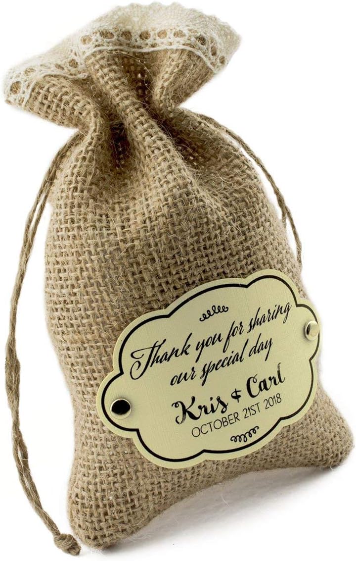 Summer-Ray 24pcs Personalized Burlap Bags with Crochet Lace, Drawstring and Gift Tags Rustic Wedding Favors - Thank You for Sharing Our Special Day