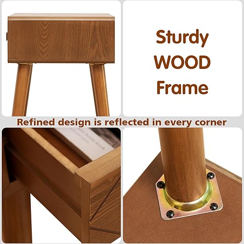 Miniatura 5 de Ahoukua Mesita de noche moderna de mediados de siglo con cajón, mesitas de noche marrón con almacenamiento, diseño geométrico tallado, mesa auxiliar