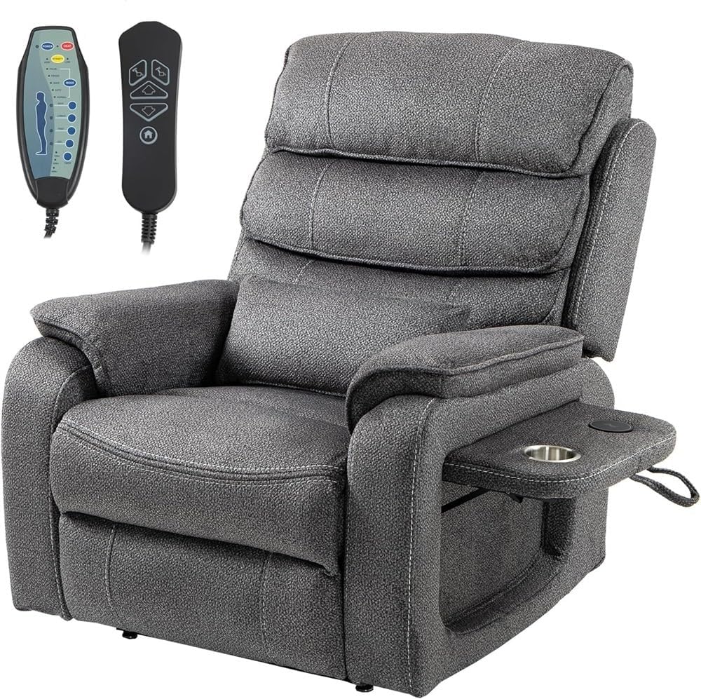 Large Lay Flat Power Lift Recliner Chair for Adults Velvet Elderly Recliners with Massage Heating Adjustable Furniture with USB Ports, Remote,Side P