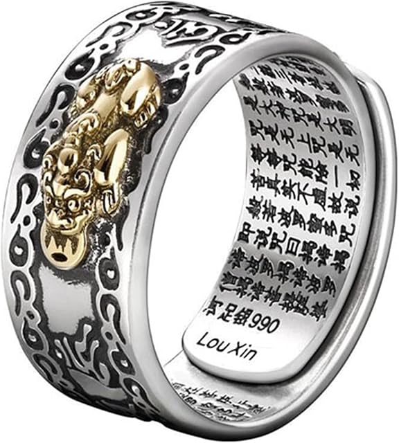 Aosbset Unisex Ring Feng Shui Pixiu Mani Mantra Protection Wealth Ring Amulet Wealth Lucky Open Adjustable Ring Buddhist Jewelry Ring Gift