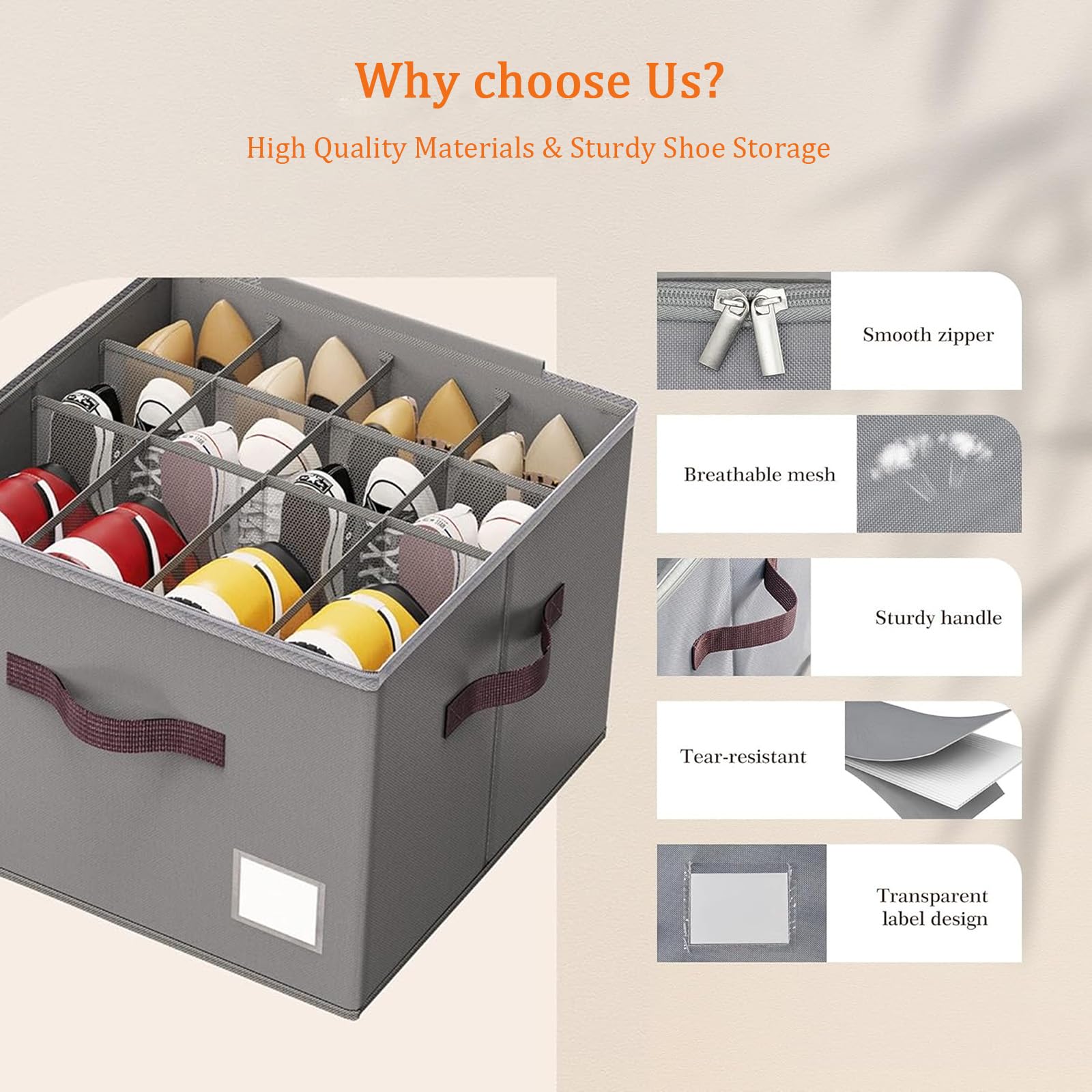 SYEXDZON Shoe Organiser, Shoe Box Storage for Closet Shoes Storage Organiser with Zipable Clear Cover and Reinforced Handles - Image 4