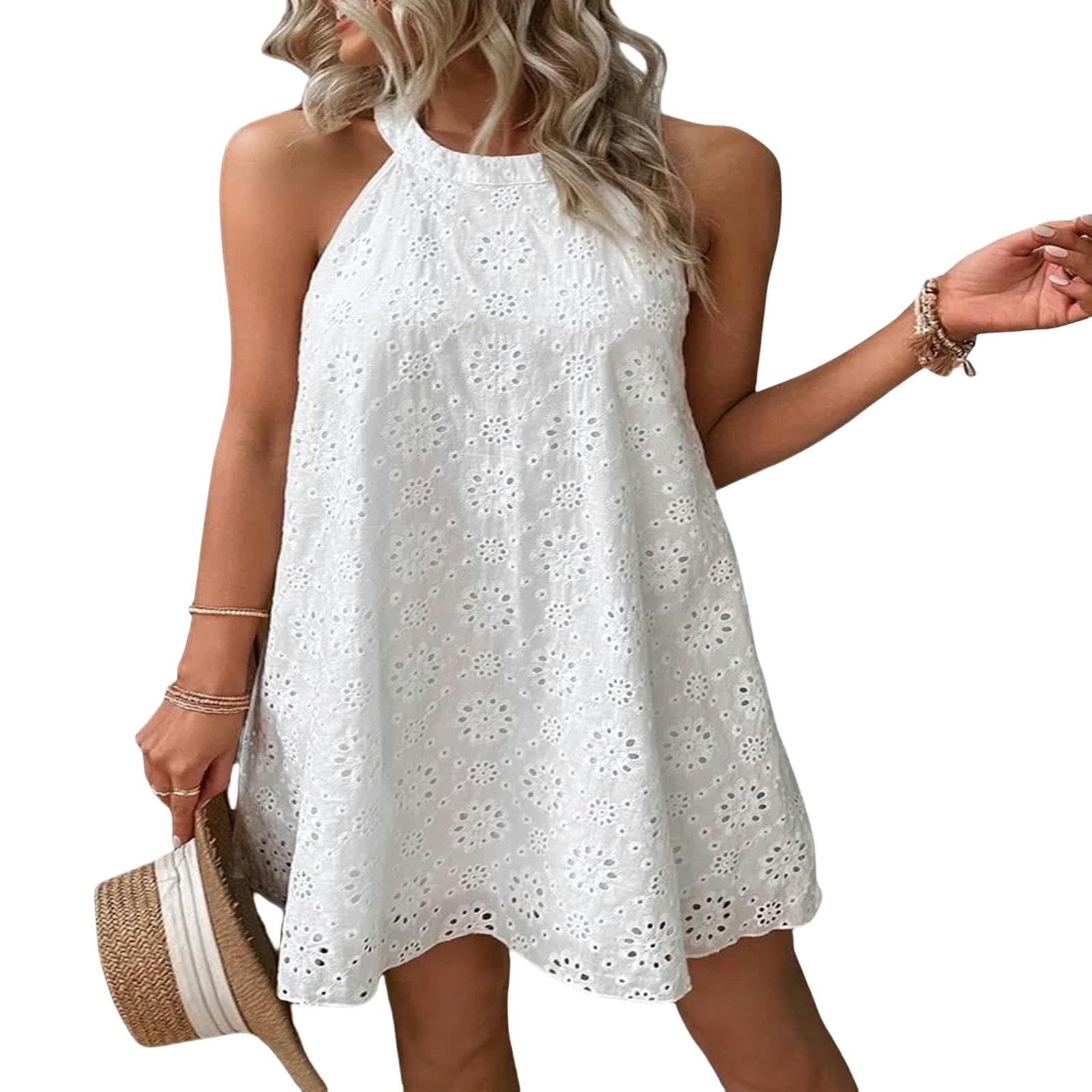Vestidos de verano para mujer, de encaje, sin mangas, cuello halter, YYEFNMAZ