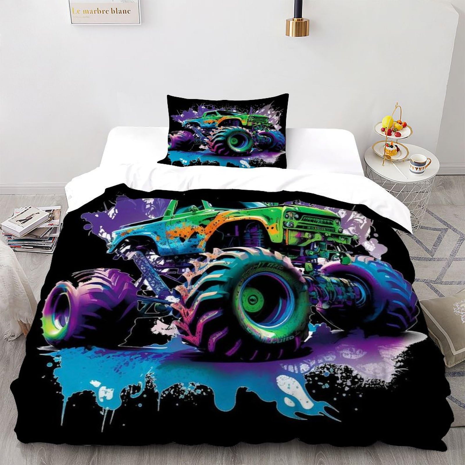 XIKMLSID Flame Tractor 2 Pcs Duvet Coverscountryside Farming 3D Pattern Children Youth with Bed Sheets And Pillowcases Single（135x200cm）