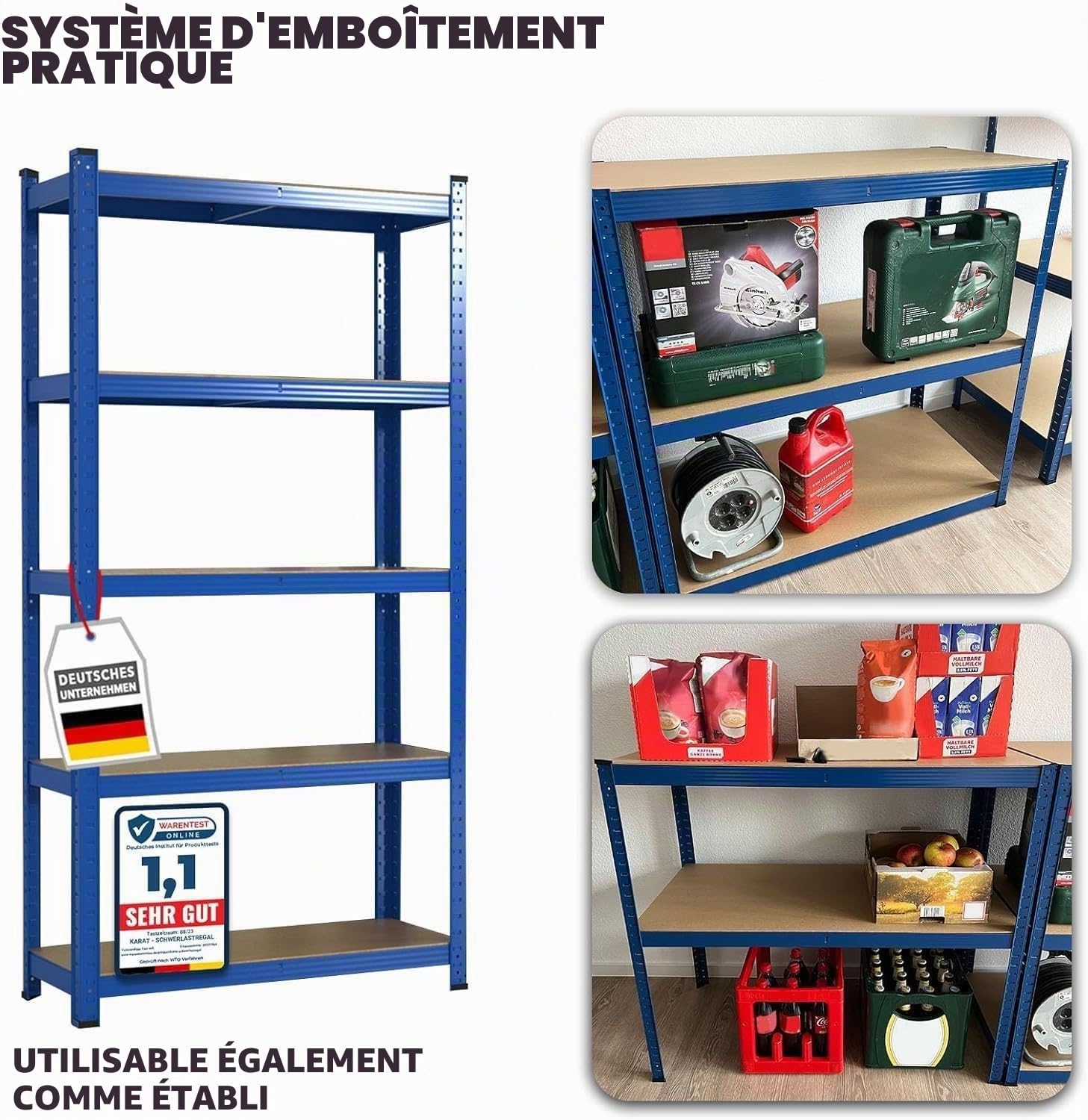 casa pura Étagère pour charges lourdes - 200 x 100 x 50 cm - Bleue - Étagère de rangement - Système d'emboîtement à monter sans outils