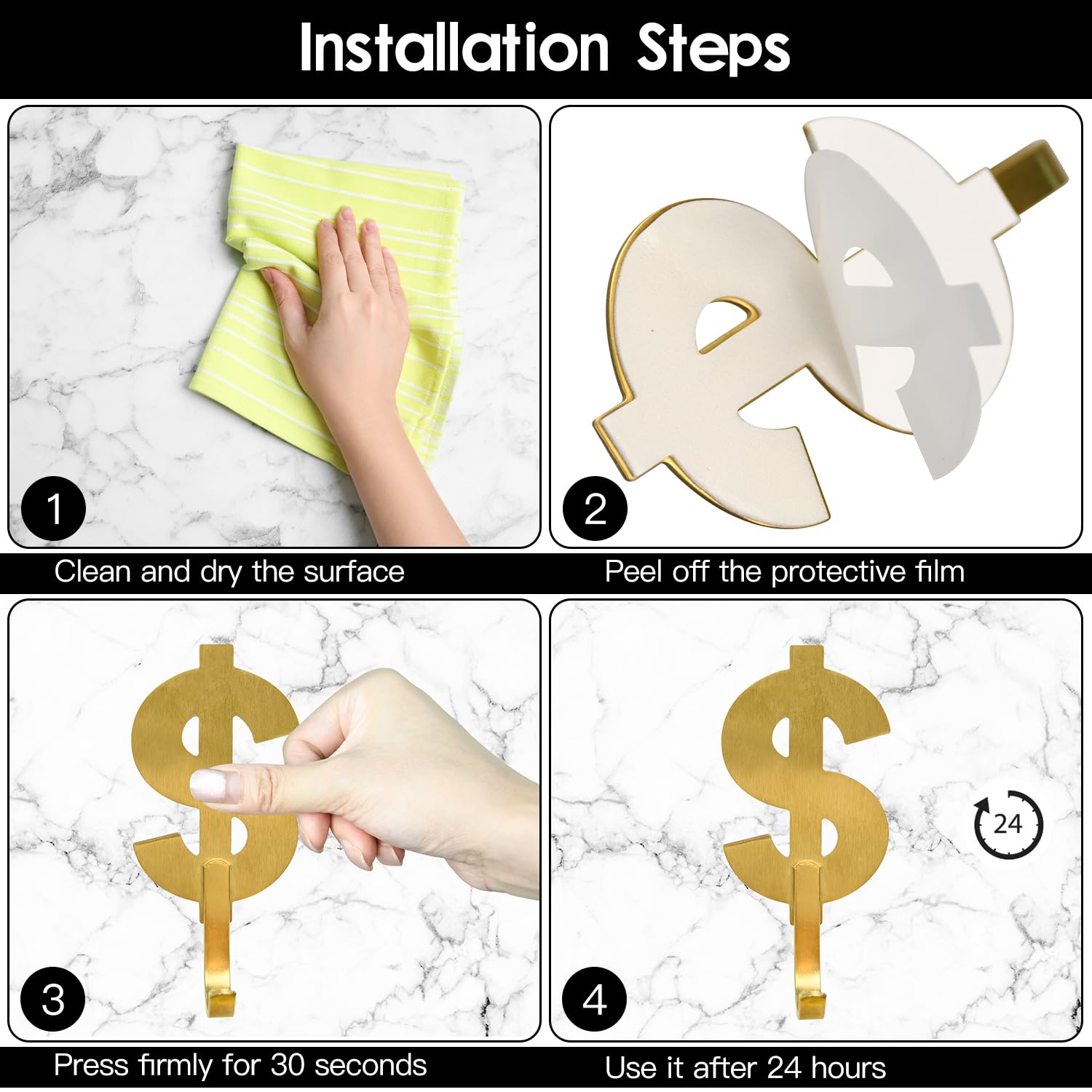 4 Pack Brushed Golden Dollar Sign Adhesive Towel Hooks Hold 6lbs Stainless Steel Self Adhesive Hooks — view 6