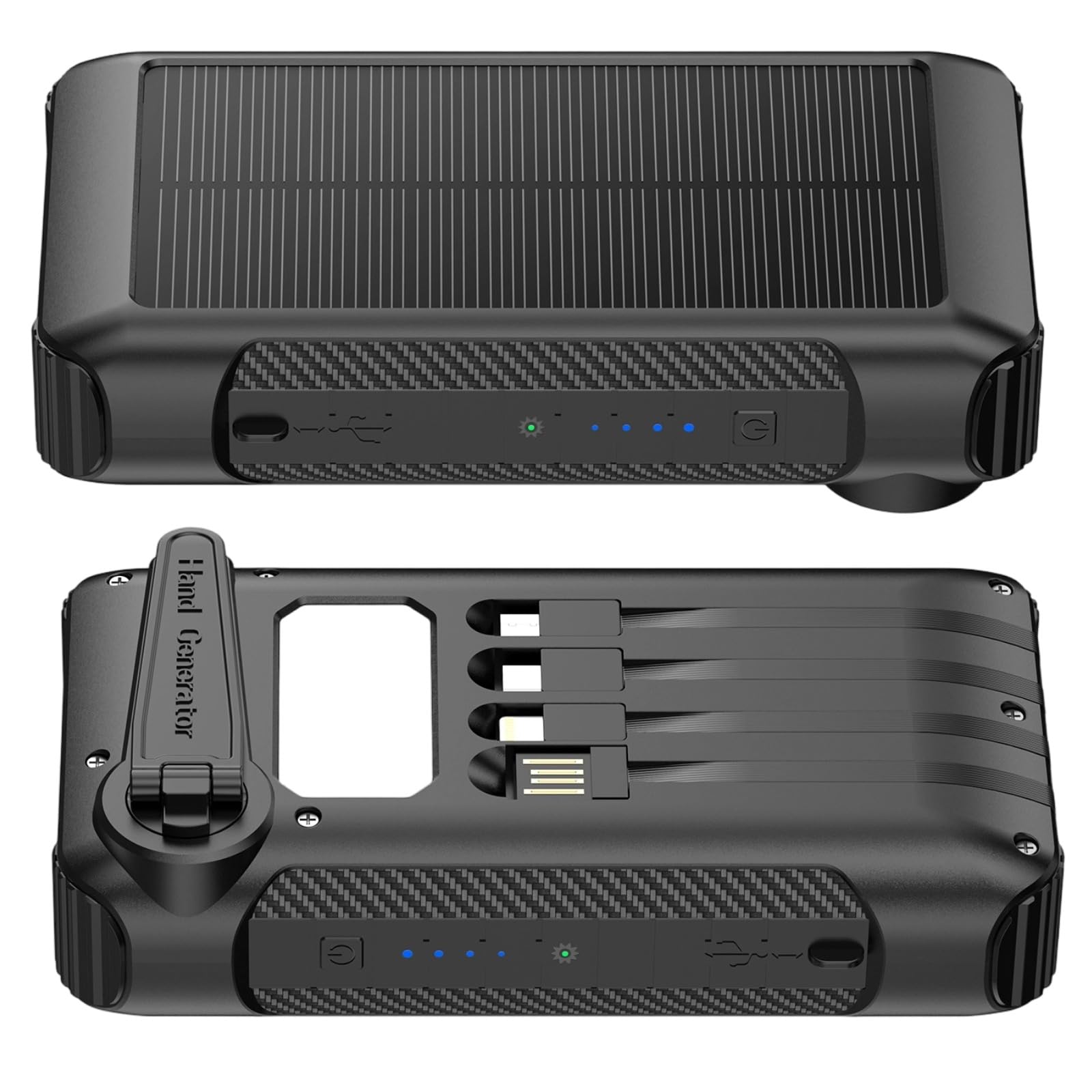 Power Bank da 20000 mAh, caricatore portatile con generatore a manovella, torcia a LED e luce da campeggio, ricarica rapida, 3 cavi di uscita, certificato UKCA per campeggio all'aperto