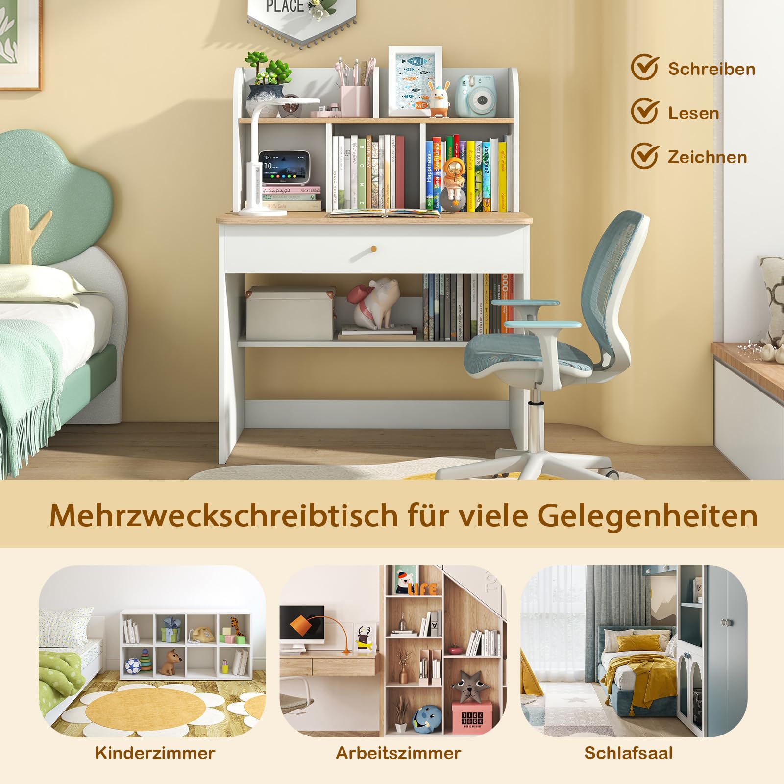 DREAMADE Schreibtisch Kinder aus Holz, Jugendschreibtisch mit Schublade & offener Ablagefächer & Regal, Schülerschreibtisch Kinderschreibtisch für Kinder ab 3 Jahren (Weiß+Natur)