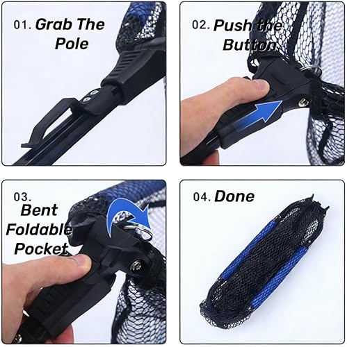 Miniatura 5 de Red de pesca flotante, red de aterrizaje de pesca de 35 pulgadas con mango telescópico plegable, malla recubierta de goma, red plegable de pesca