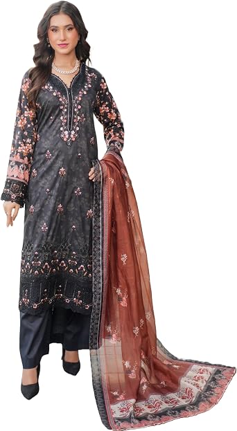 Womens Pakistani Ready to Wear Suit, Embroidered Shirt & Sleeves, Printed Lawn, Cotton Trouser & Dupatta - C5D6